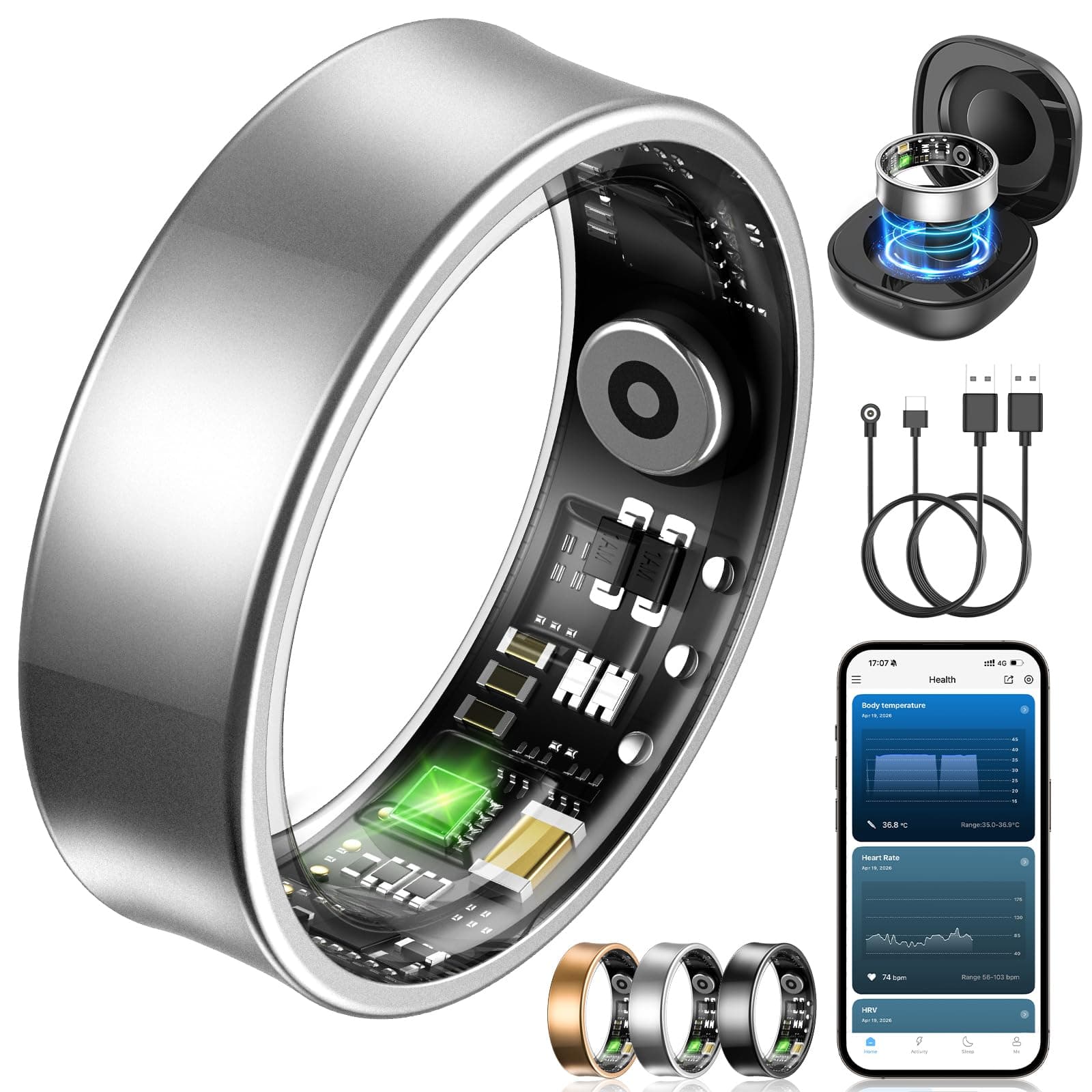NAIXUES Anillo Inteligente Hombre Mujer, Smart Ring con Control por Gestos, HRV/Pulsometro/SpO2/ Sueño, 170+ Modos Deportivos Smartwatch de Fitness con 5ATM Impermeable, iOS Android (Plata, 9)