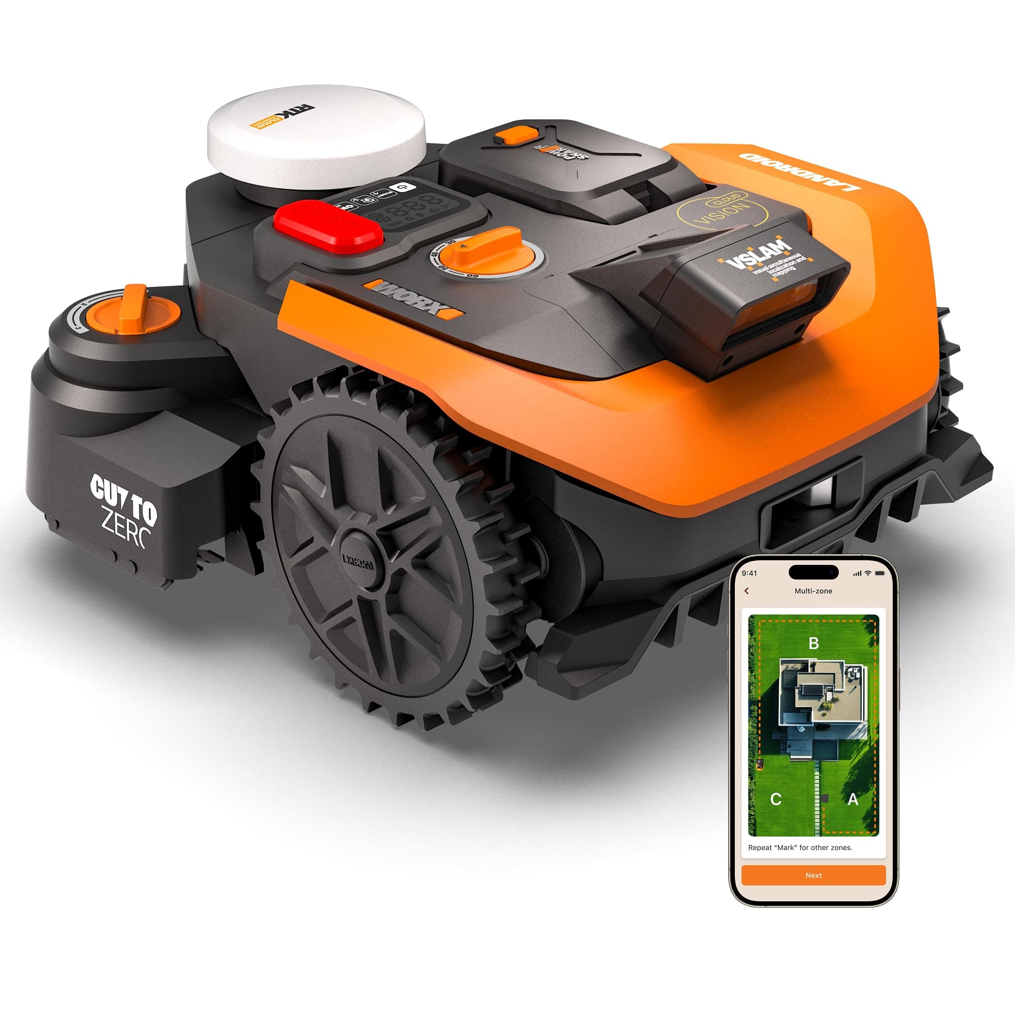 WORX Landroid Vision Cloud WR312E 2WD Mähroboter ohne Begrenzungskabel für 1200 m² (KI-Hinderniserkennung, VSLAM+ RTK Cloud Navigationg, Auto-Mapping, App-Steuerung, Cut-to-Zero, RadioLink)
