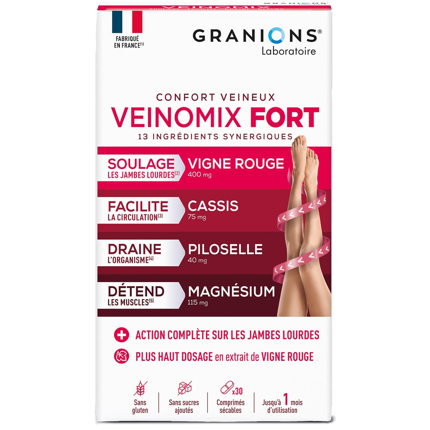GRANIONS -VEINOMIX FORT - Soulage Les Jambes Lourdes - Retention d'Eau Drainant Puissant - Circulation Sanguine Jambes - Vigne Rouge - Vigne Rouge Circulation -30 comprimés-1 mois