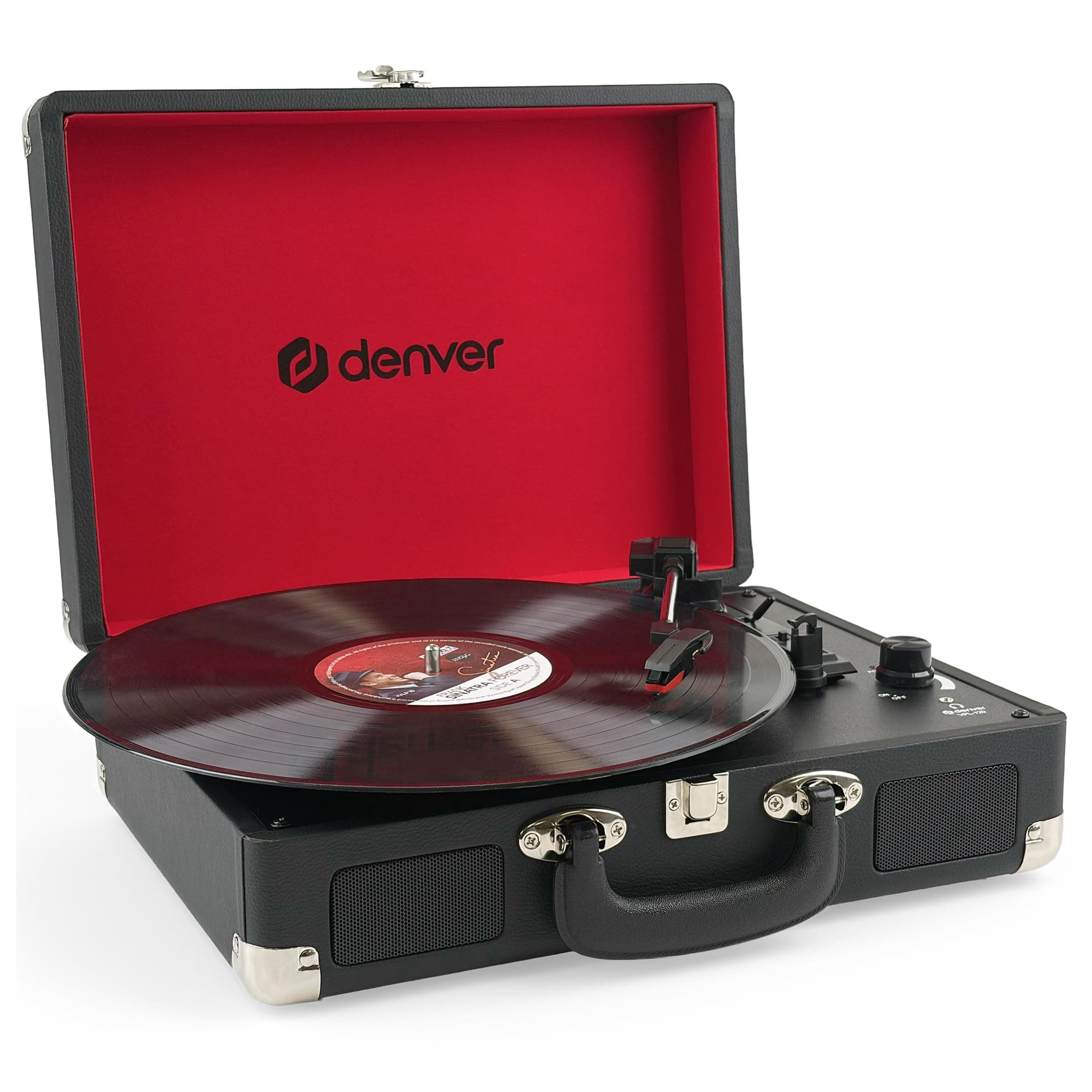 Giradischi Denver VPL-120BLACK design valigia. Altoparlanti integrati, uscita phono, compatibile con vinile 331/3, 45 e 78 RPM, Nero