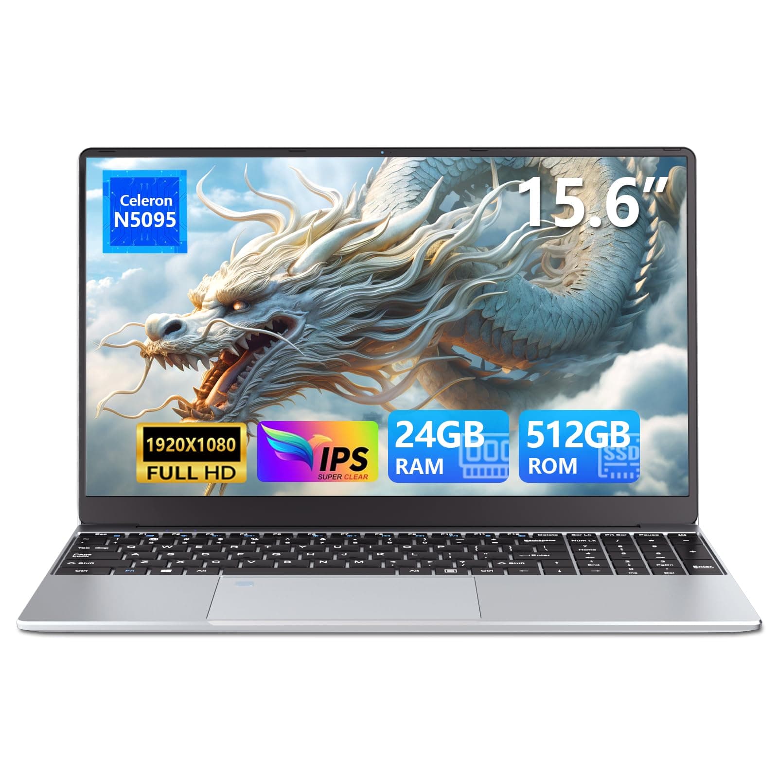 Ordenador Portátil 15,6 pulgadas, 24 GB de RAM 512 GB de SSD CPU Celeron N5095 PC Portatil, 1920 x 1080 FHD Touch ID WiFi doble banda Win 11 Pro Laptop, teclado retroiluminado de tamaño completo