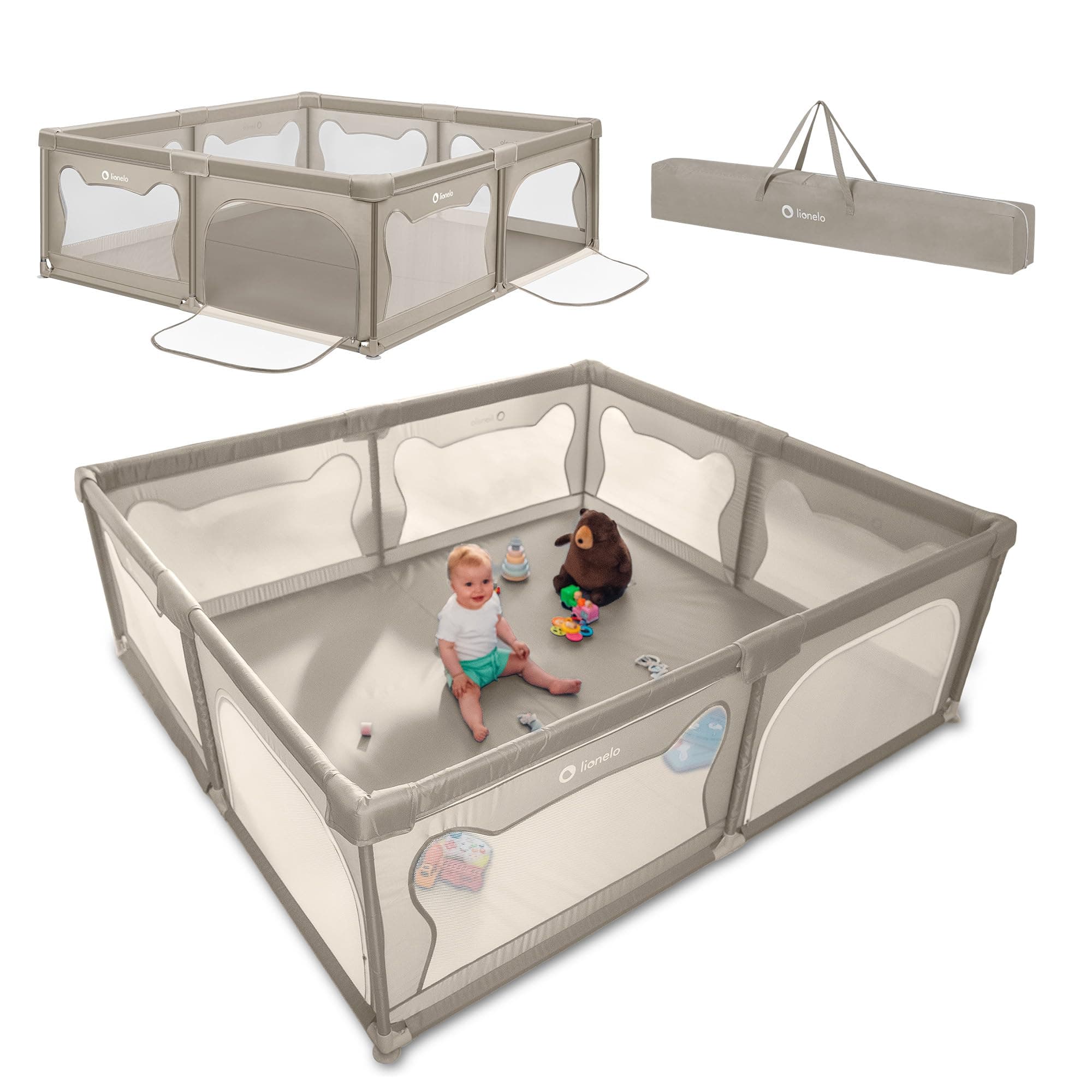 LIONELO WILLOW XL Box Pieghevole Per Bambini, 0-48 Mesi, Ampio Spazio 187 Cm x 207 Cm x 68 Cm, Box Per Neonati in Rete Traspirante, 2 Ingressi Laterali con Zip (Beige, 207x187cm)