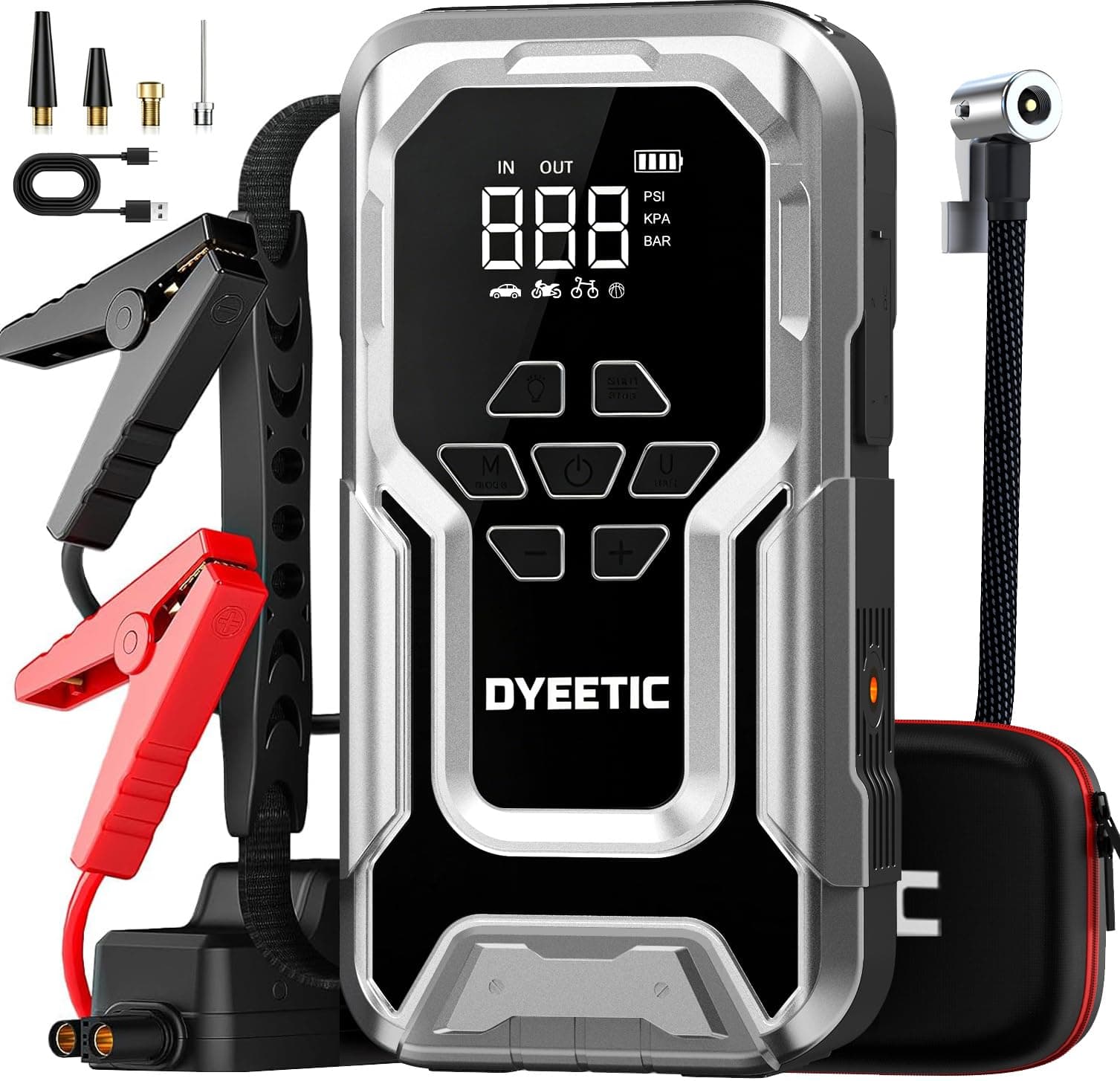 DYEETIC Booster Batterie Voiture Lithium 7000A avec Compresseur 150PSI/10.3Bar, 12V Gonfleur Pneus Voiture Porteable pour Véhicule (Jusqu’à Tout Essence & 12L Diesel), Lumière LED, Câbles de Démarrage