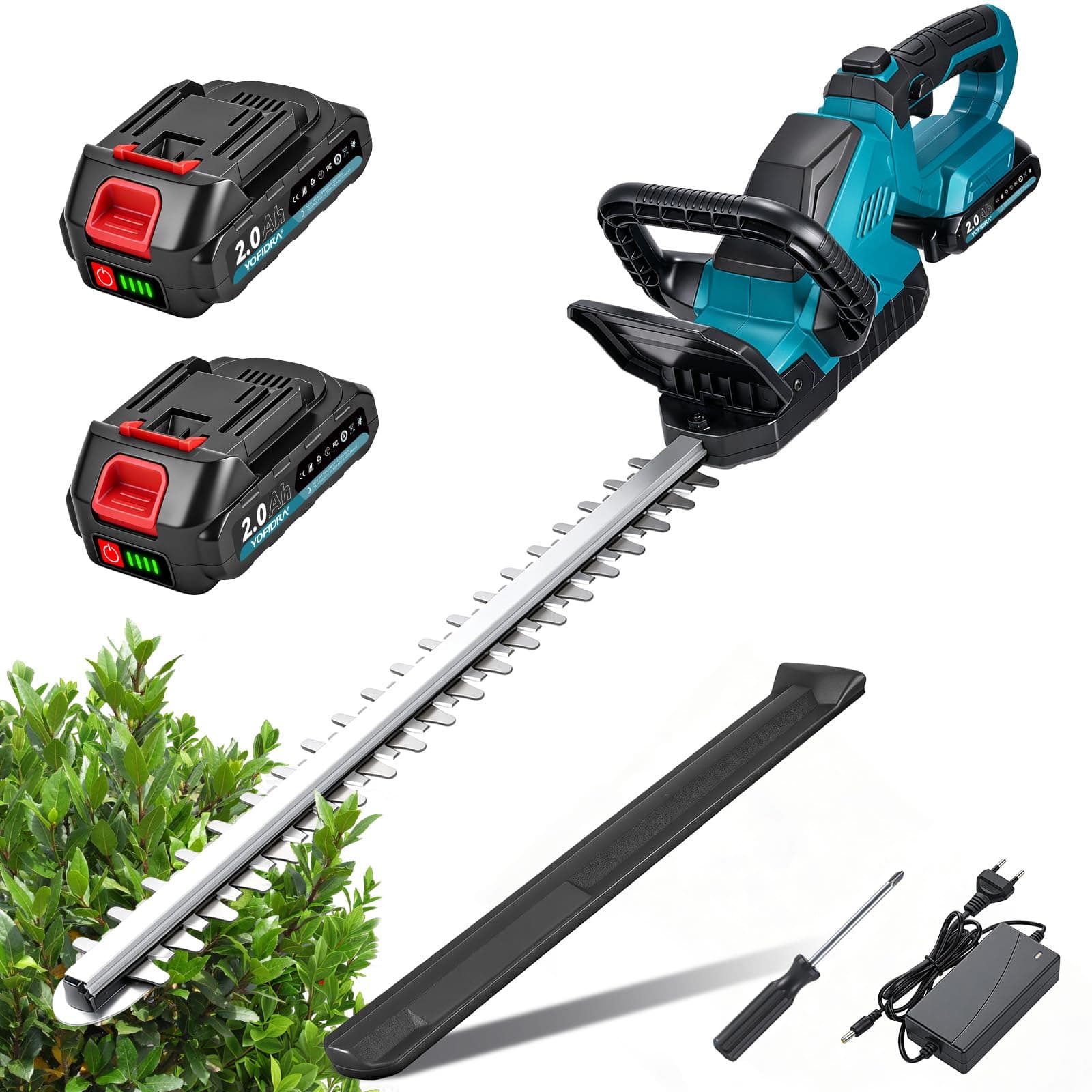 Yofidra Taille Haie Batterie 50cm, Lames Doubles, Batterie 2x2.0Ah, Écartement des Dents 18mm, Poignée Rotative 180°, Taille-Haie Électrique sans Fil avec Chargeur et Housse de Protection