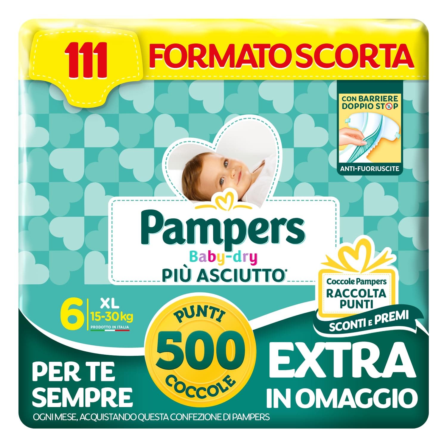 Pampers Baby Dry XL, Taglia 6 (15-30 kg), 111 Pannolini Bambino | Formato Scorta, Barriere Anti-Fuoriuscite, Più Asciutto Fino a 12h, Linguette Rinforzate e Avvolgenti, 500 Punti Omaggio