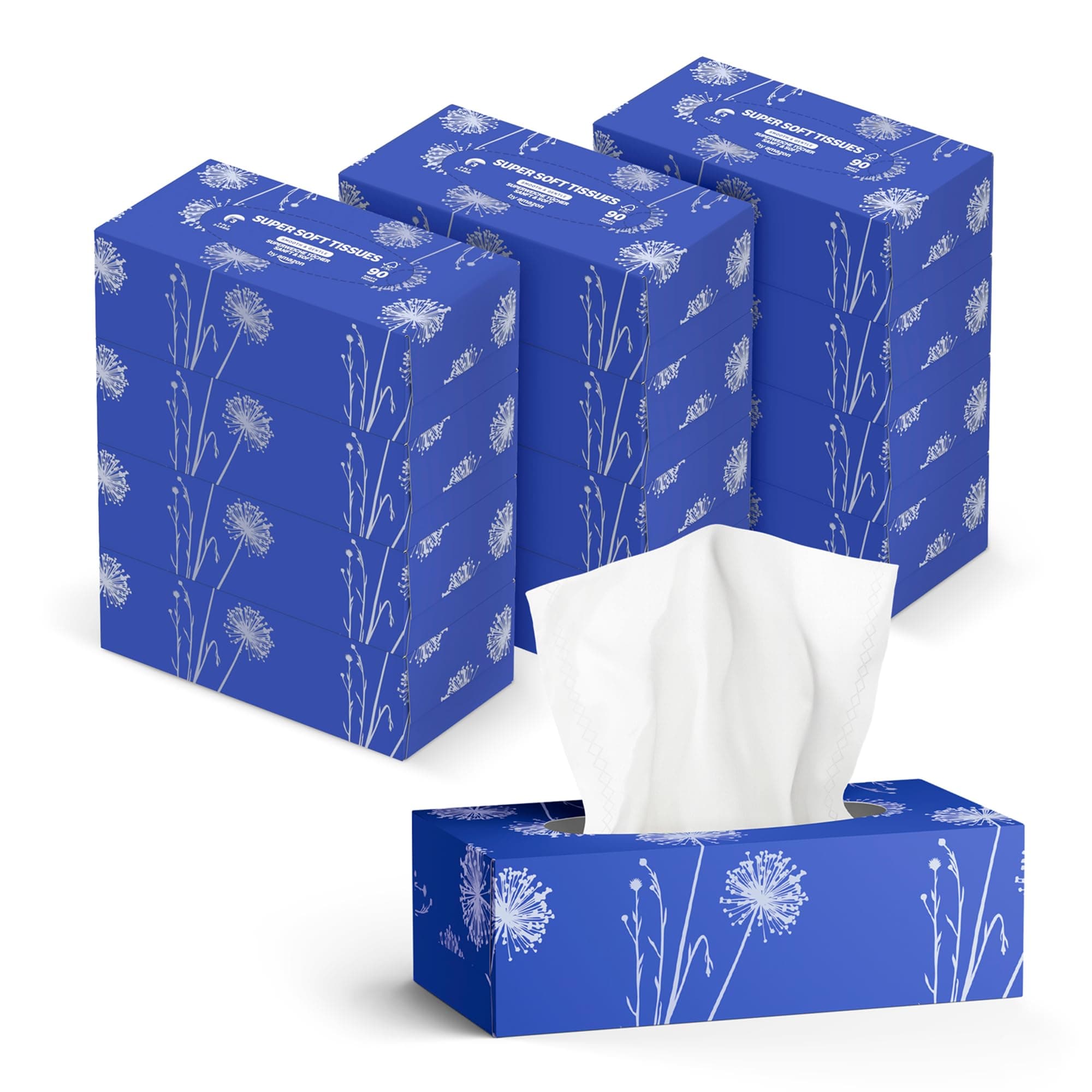 by Amazon Mouchoirs en Papier 3 Épaisseurs, 1 080 Feuilles (12 Paquets de 90 Feuilles)