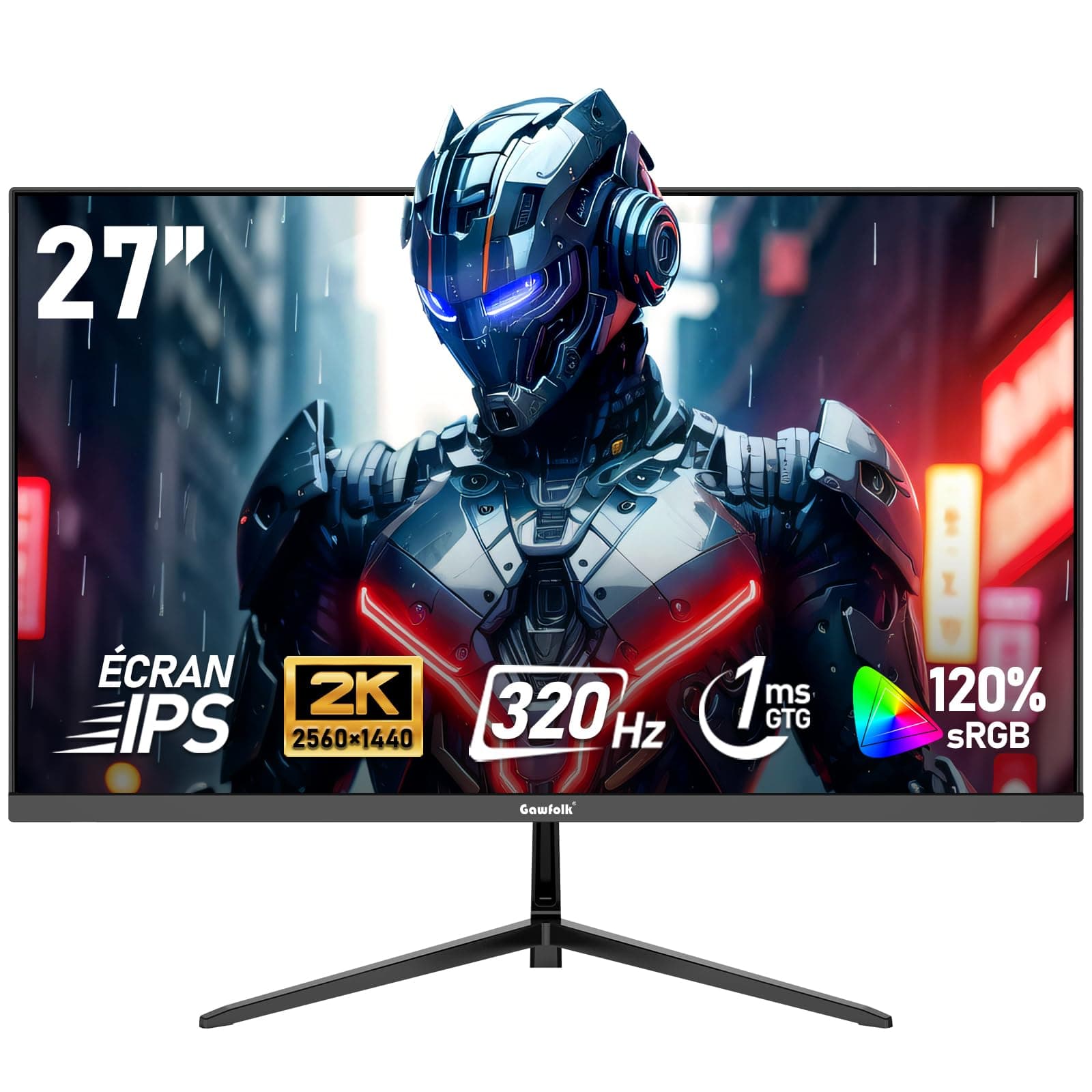 Gawfolk Écran PC IPS 27 Pouces, 2K WQHD (2560×1440P), 320Hz Moniteur Gaming, 1ms Bezel-Less, 120% sRGB, 178° Grand Angle, HDMI, DisplayPort, Compatible avec Les Fixations murales VESA75*75MM - Noir