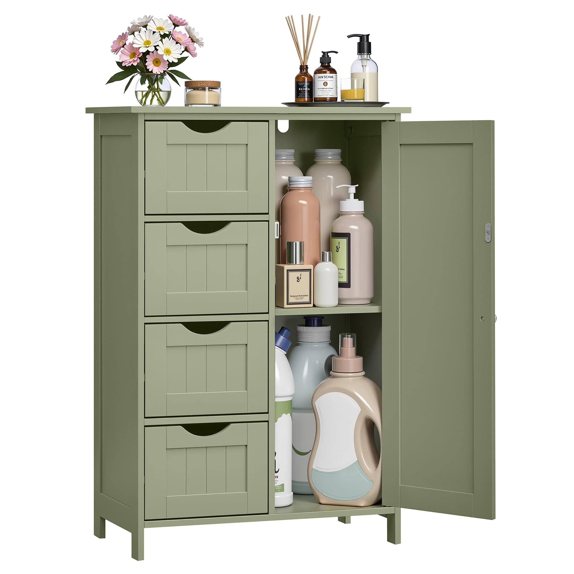 VASAGLE Mobile da Bagno, con 4 Cassetti, Anta, 55 x 30 x 82.2 cm | Mobiletto per Bagno Stretto, Organizzatore, Cassettiera, Ripiano Regolabile, Verde Alloro, Collezione SOFIE LHC041C02