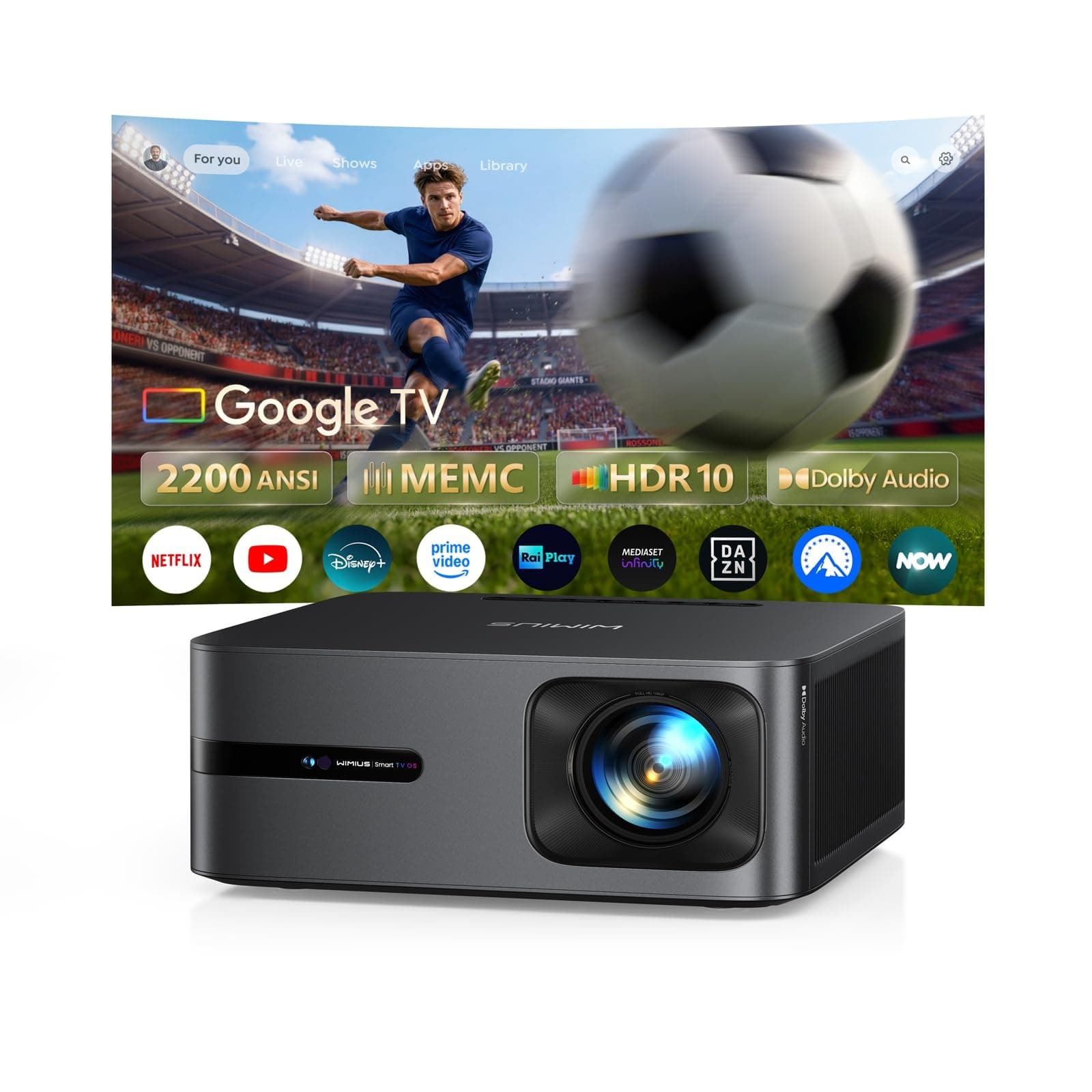 Proiettore 4K【Google TV 14.0/MEMC/2200 ANSI/44W Dolby】Proiettore 4K Smart TV 2+32GB Videoproiettore AutoFocus 6DKeystone Wimius Projector Controllo Vocale HDR10 Bluetooth WiFi per Home Cinema/Esterno
