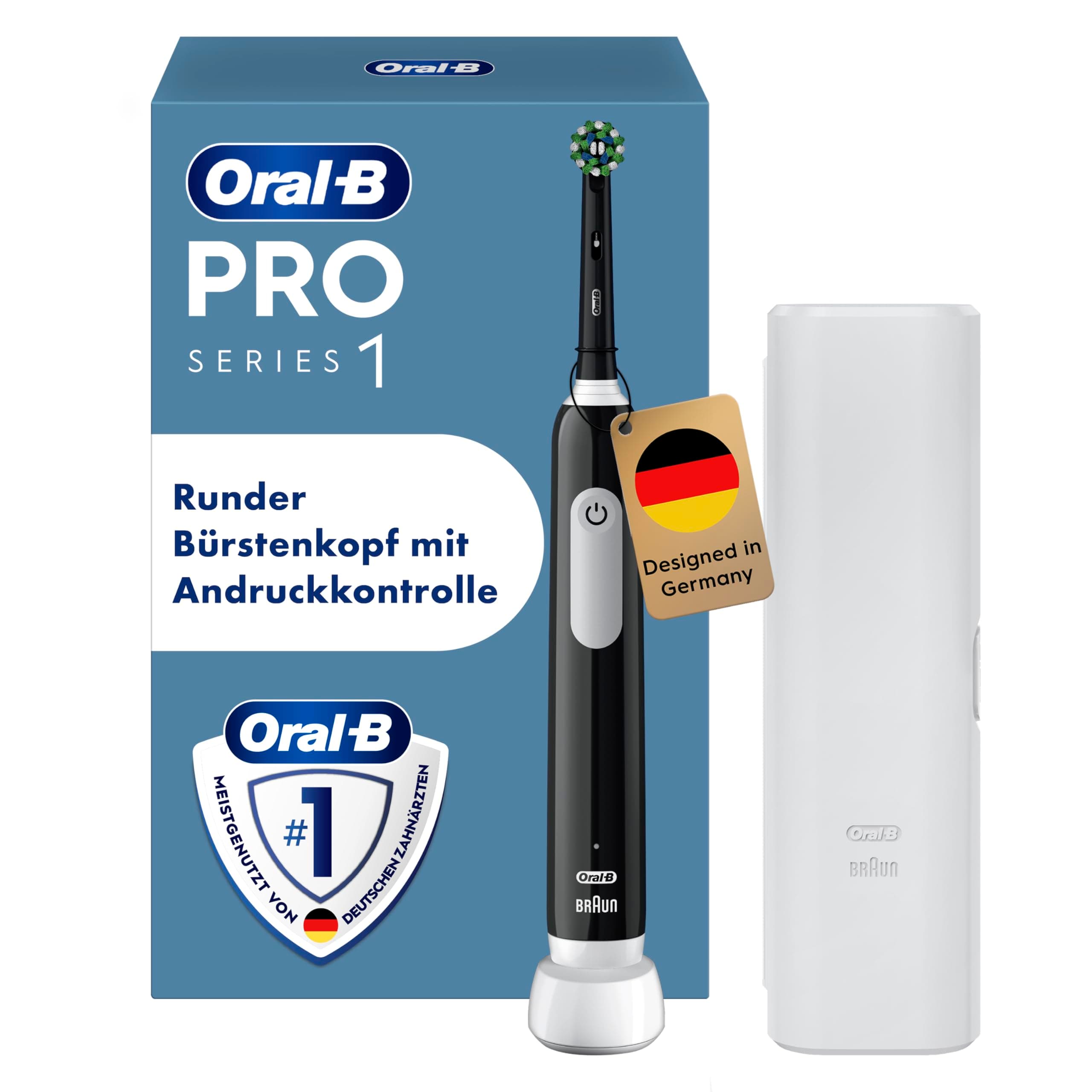 Oral-B Pro Series 1 Elektrische Zahnbürste/Electric Toothbrush, 1 Aufsteckbürste, 3 Putzmodi und Drucksensor für Zahnpflege, Reiseetui, Designed by Braun, black