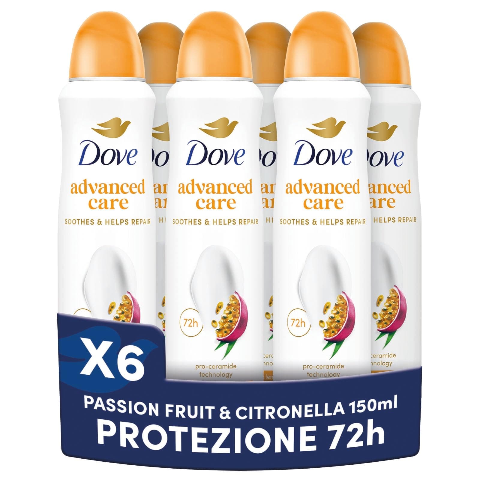 Dove Deodorante Spray Advanced Care Go Fresh Passion Fruit, con Formula Idratante e Delicata sulla Pelle, Senza Alcol, Pelle Asciutta Fino a 72 Ore, Deodorante Uomo e Donna, 6 Pezzi da 150ml