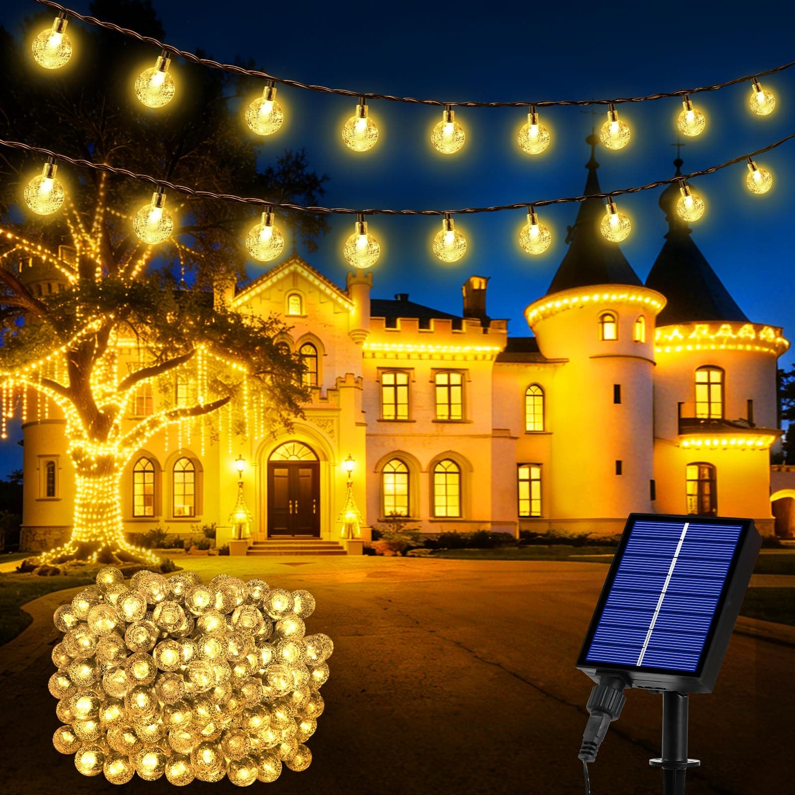 Realky Guirnaldas Luces Exterior Solar, 200 LED 27M Guirnalda Luces Solares con Función de Memoria, 8 Modos IP65 Impermeable Cadena de Luz Solar para Jardín, Patio, Navidad, Fiesta - Blanco Cálido