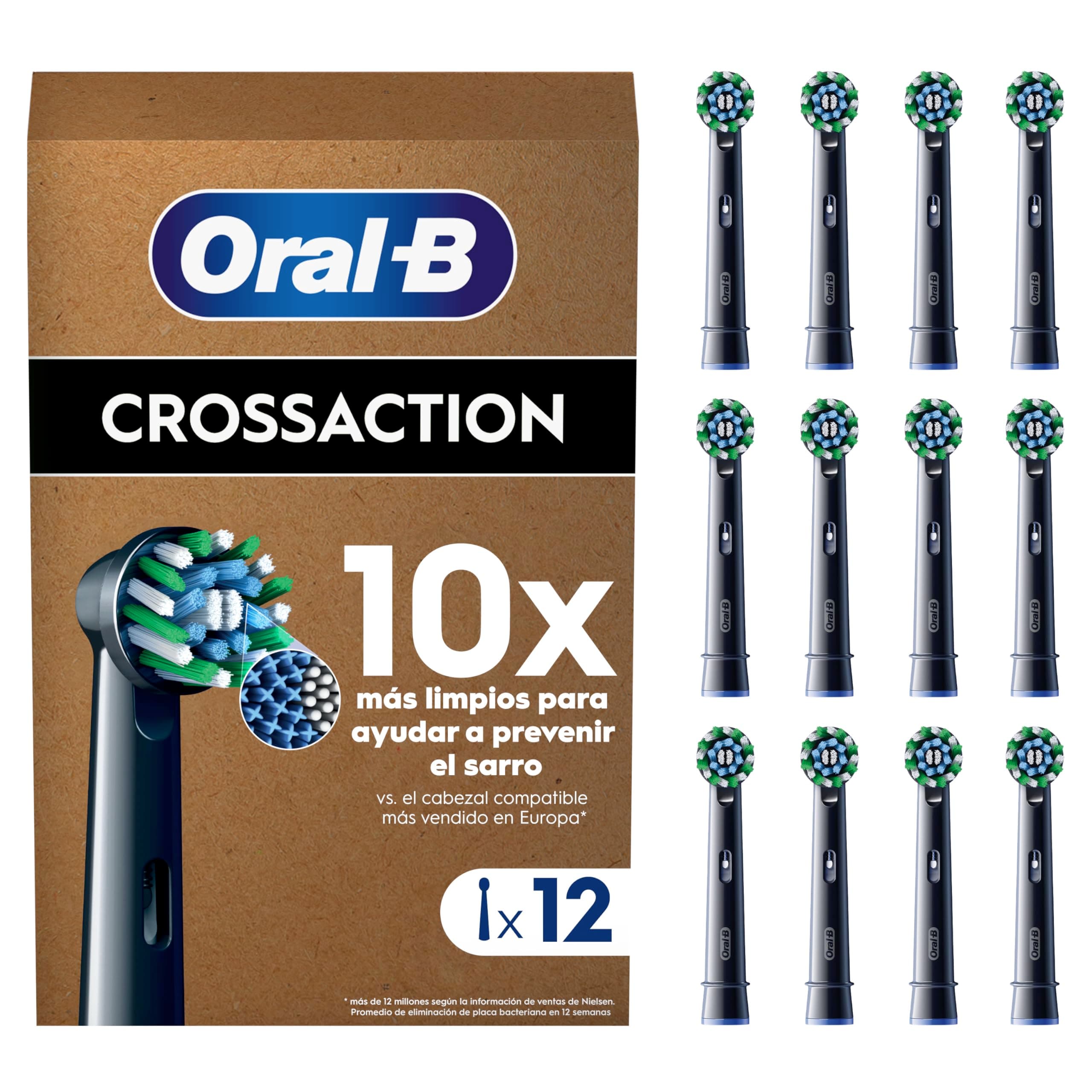 Oral-B Pro CrossAction Cabezales de Recambio Originales, Negro, Pack de 12 - Recambios para Cepillo de Dientes Eléctrico Oral B Pro, con Indicador de Uso, Eliminación de La Placa Bacteriana