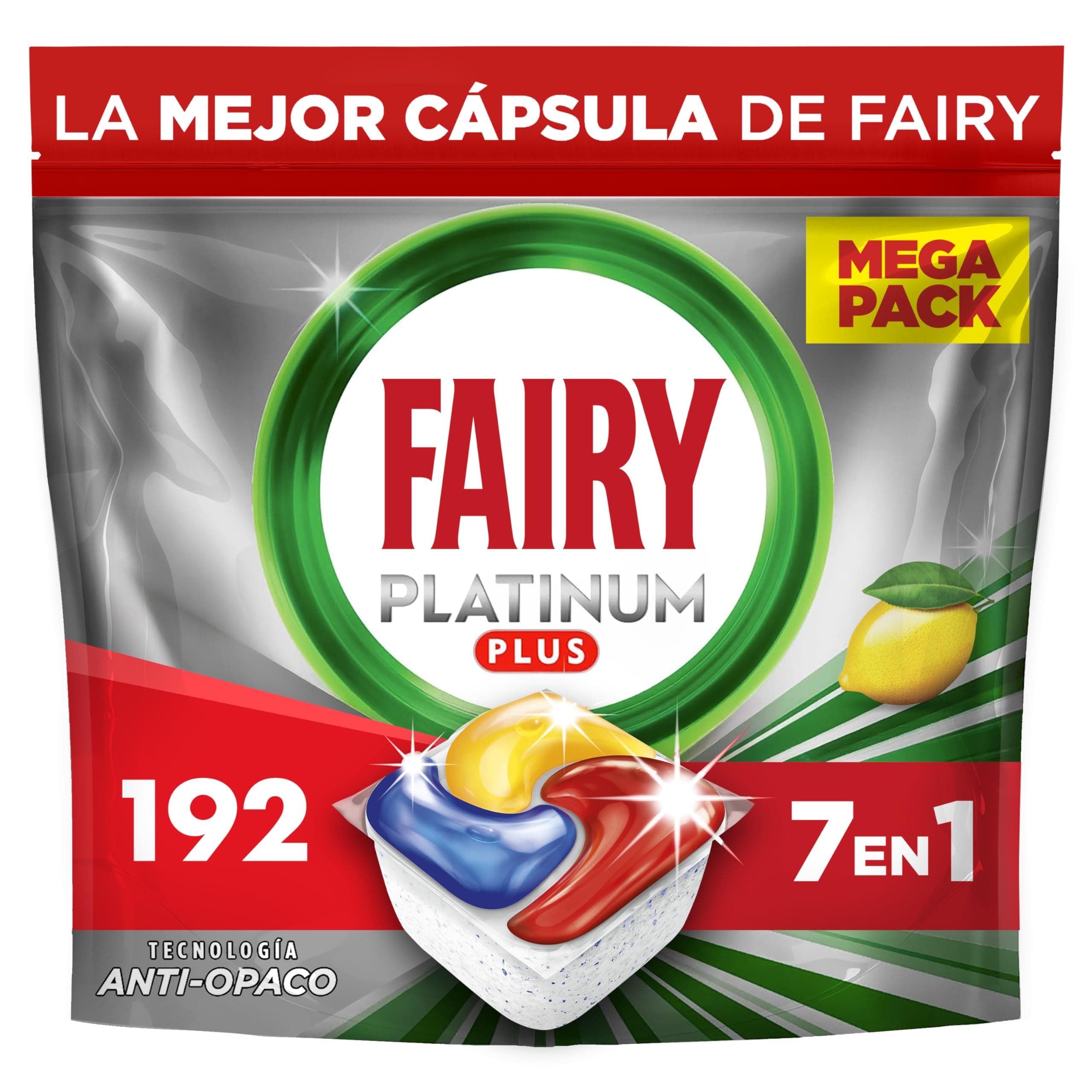 Fairy Platinum Plus Limón Cápsulas De Lavavajillas Todo En Uno,192 Cápsulas,Nuestra Mejor Limpieza Que Deja Los Platos Como Nuevos, Elimina La Falta De Brillo Y Evita La Cal (el embalaje puede variar)