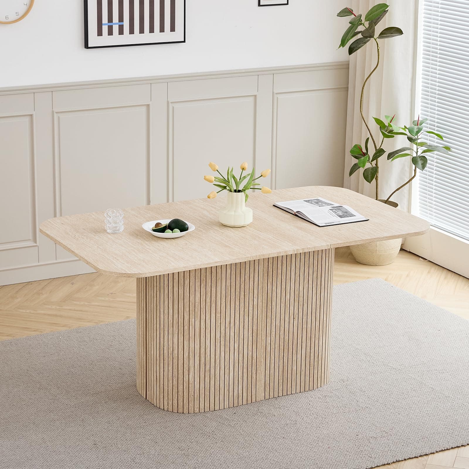 GrandCA HOME Table à Manger Rectangulaire avec Coins Arrondis, Table à Manger de Cuisine Moderne de 160 cm avec Base en Bois, Grand Plan de Travail en MDF, pour 4 à 8 Personnes, Travertin Jaune