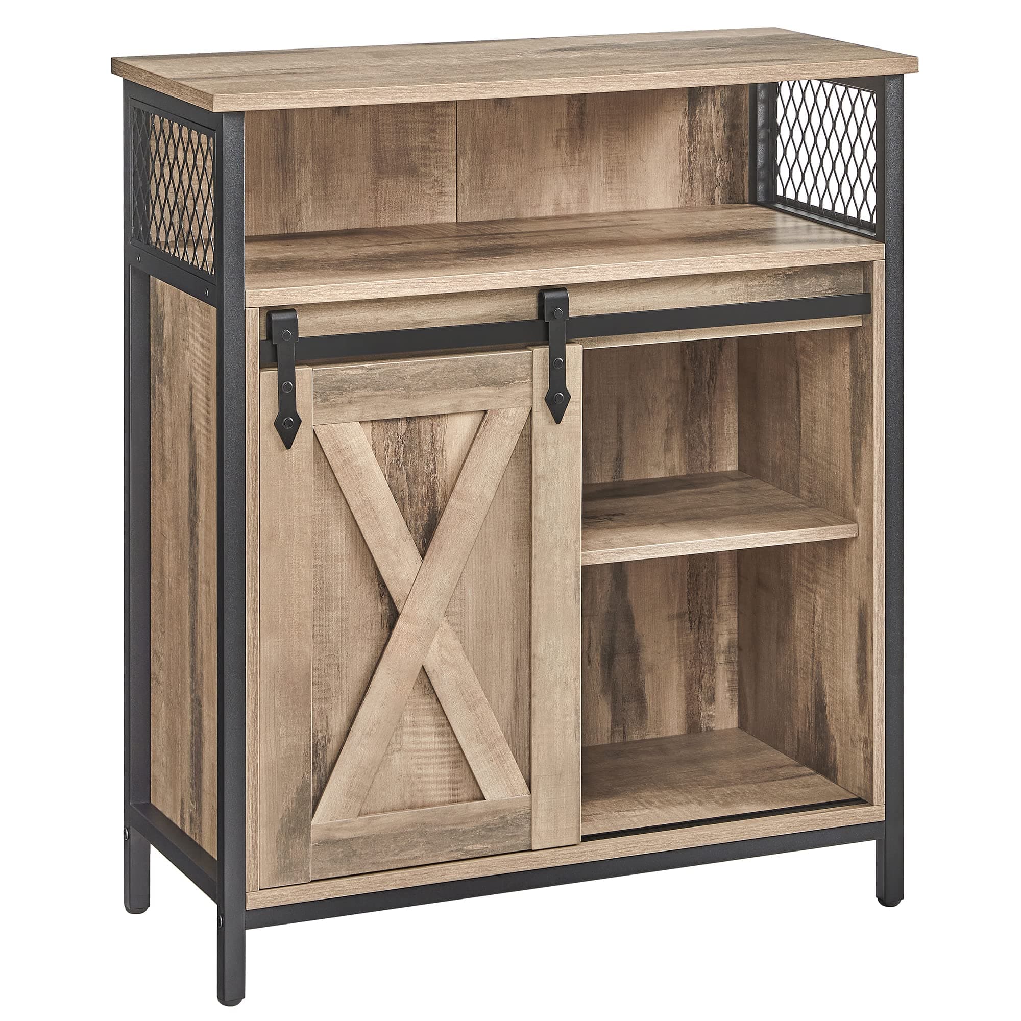 VASAGLE Sideboard, Küchenschrank, Aufbewahrungsschrank, mit Schiebetür, 30 x 70 x 80 cm, verstellbare Ablage, offenes Fach, Landhausstil, für Wohnzimmer, eichenbraun-schwarz LSC089B50