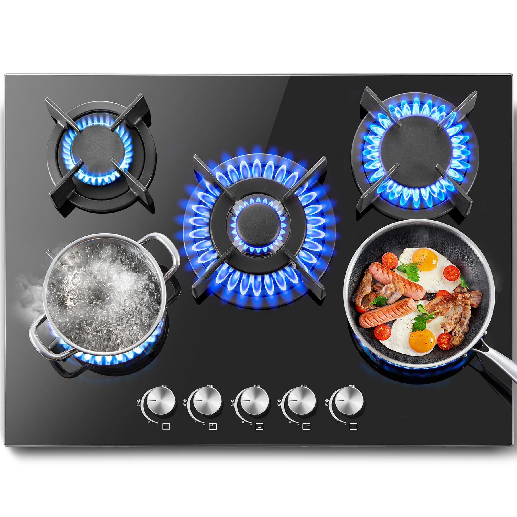 SNDOAS Piano Cottura 5 Fuochi, Piano Cottura 70cm con Protezione Automatica Della Fiamma, Gas Naturale e Gas Propano, Incorporato, Nero, 10400 W, 220-240 V