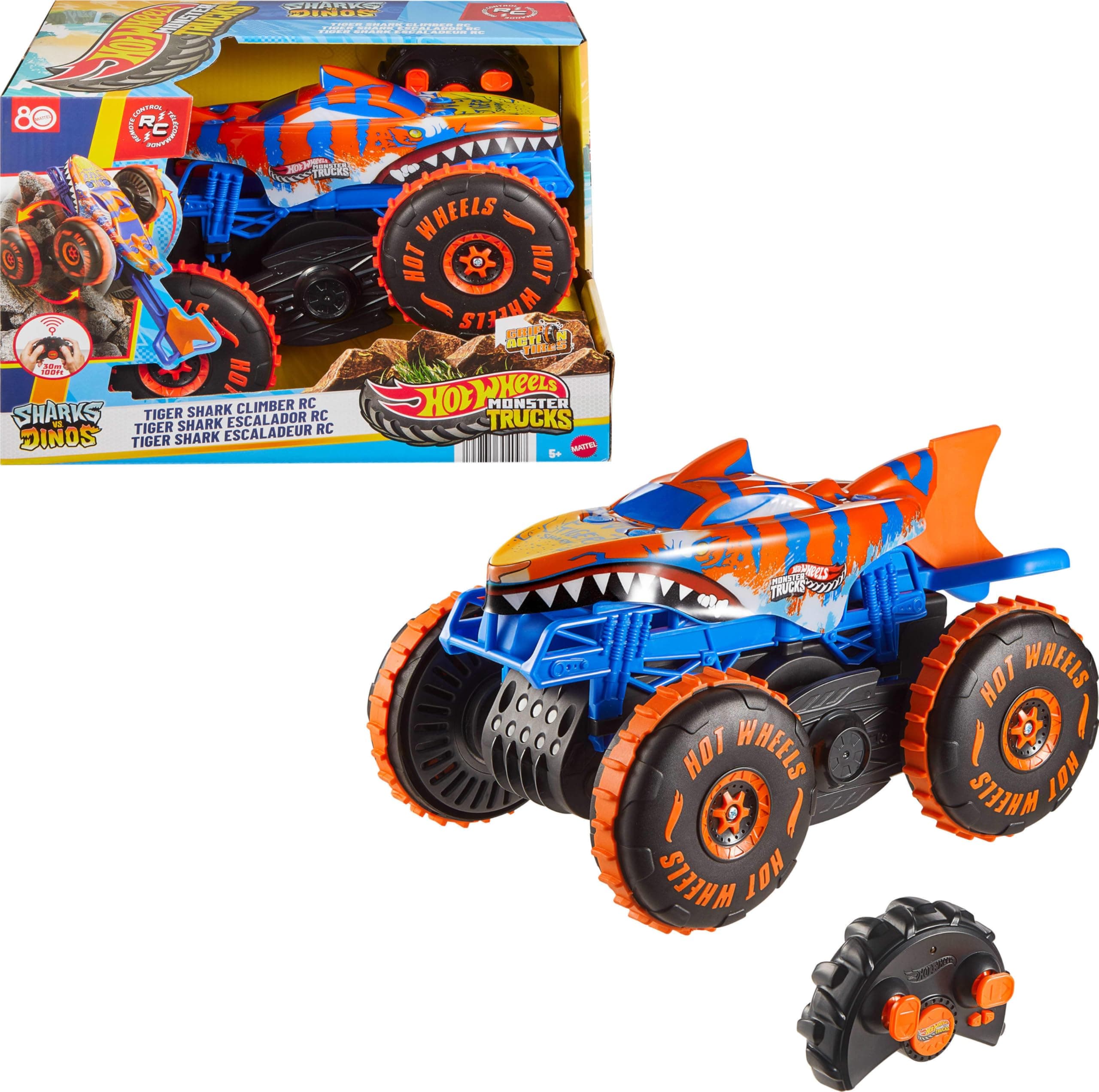 Hot Wheels Monster Trucks Tiger Shark Super Scalatore RC veicolo | Grande camion giocattolo radiocomandato con 3 modalità: corsa, arrampicata e acrobazie, JFR39
