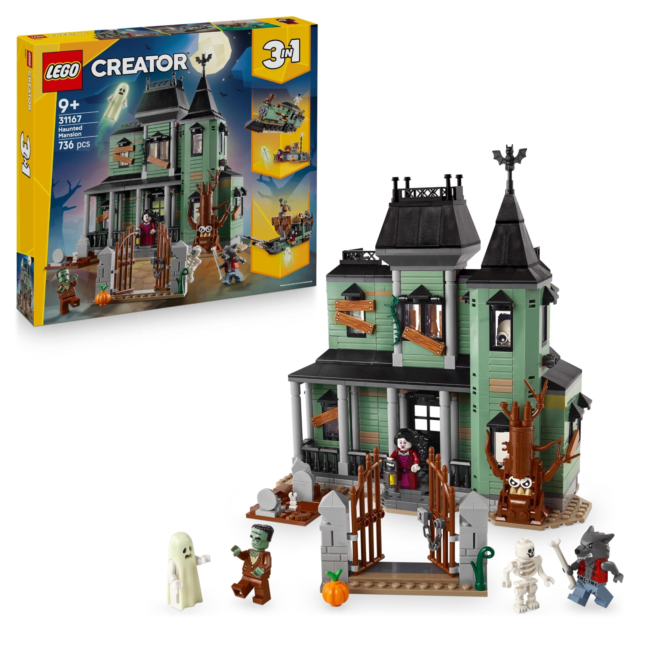LEGO Creator 3 en 1 Mansión Encantada - Casa de Juguete Interactiva Transformable en Barco Fantasma o Tren - 5 Minifiguras Inc. Frankestein y Hombre Lobo - Regalo para Niños y Niñas de 9+ Años 31167