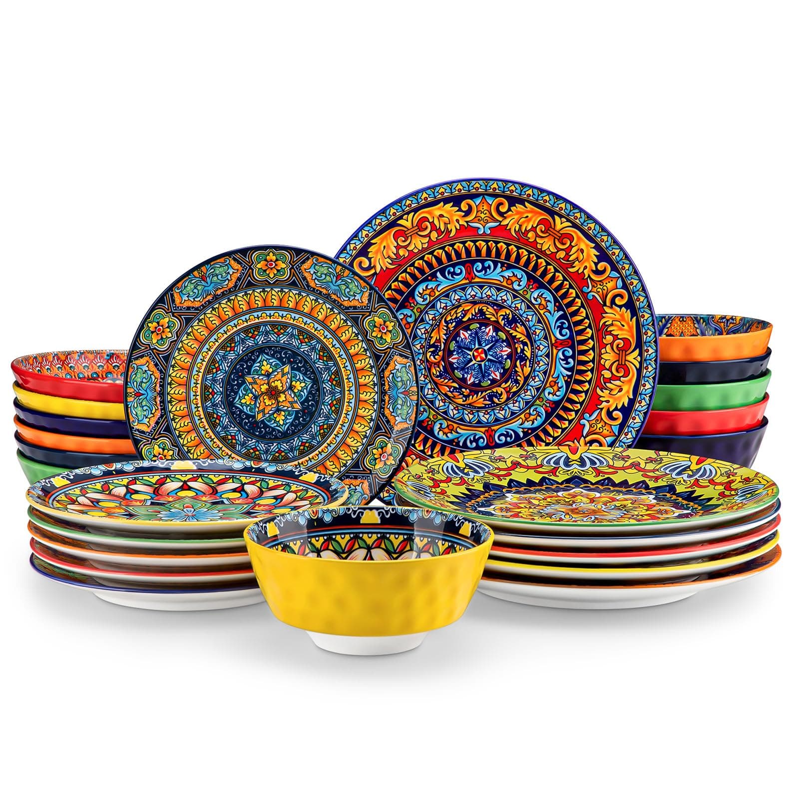 Juego de vajilla de porcelana para 6 personas Juego de vajilla de 24 piezas de vancasso KRVI con platos llanos, platos de postre, platos hondos y cuencos, servicio de mesa boho para 6 personas