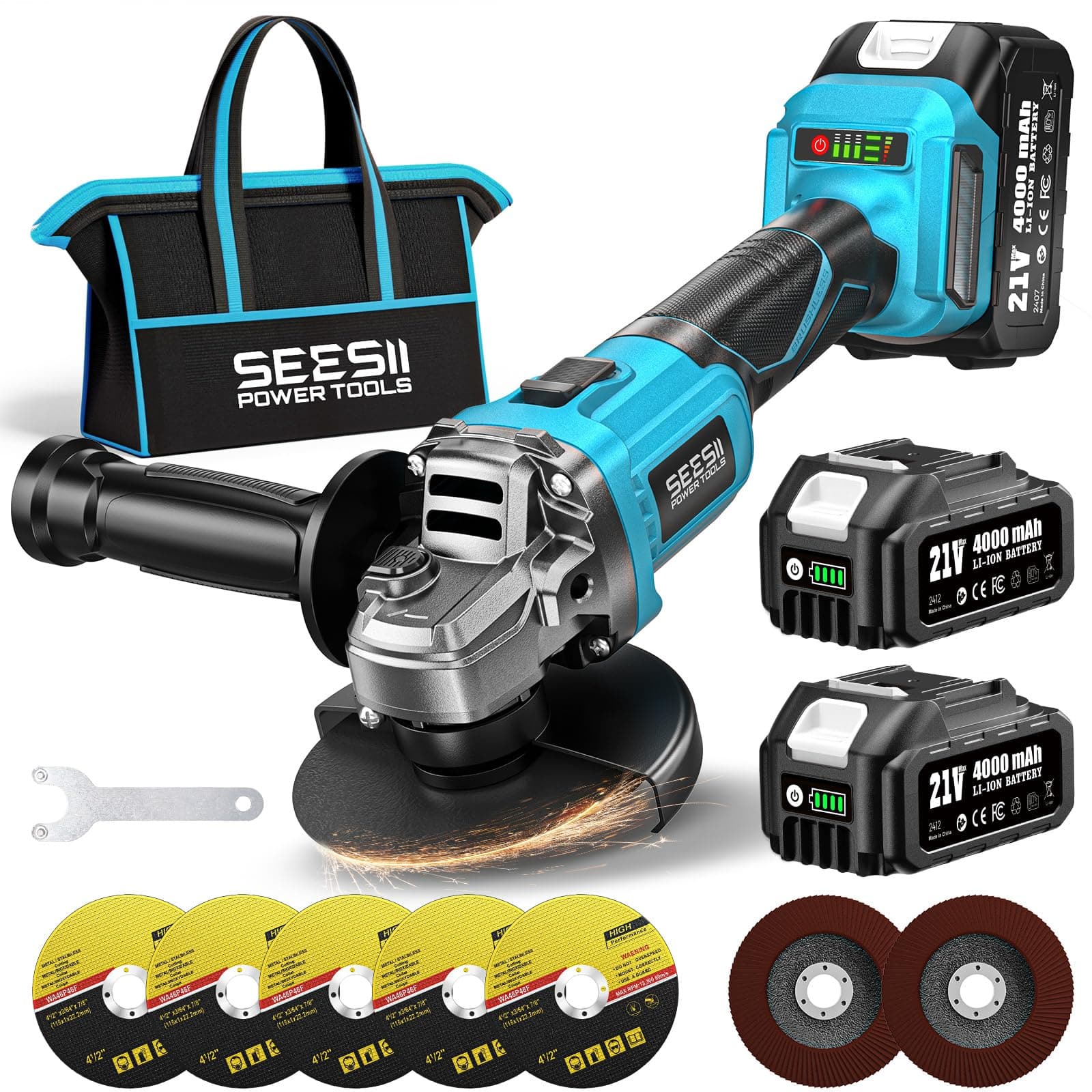 SEESII Smerigliatrice Angolare a Batteria 125mm, Smerigliatrice Angolare Senza Fili con 2 Batterie da 4000mAh, 21V Flessibile Motore Brushless 10.000 Giri/min, Dischi da Taglio