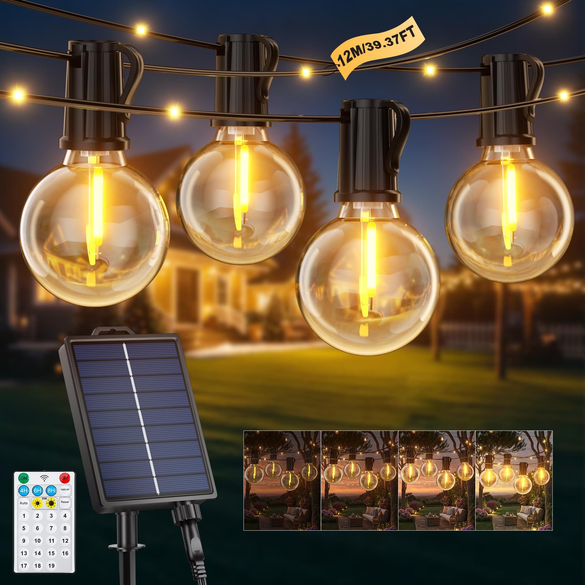 Catena Luminosa Esterno Solare 12M 14+1 G40 Lampadine LED Luci Solari per Esterni 19 Modalità Impermeabile Luci Solari Esterno con 26 LED per Giardino Terrazze Campeggio Patio Gazebo Matrimonio Feste