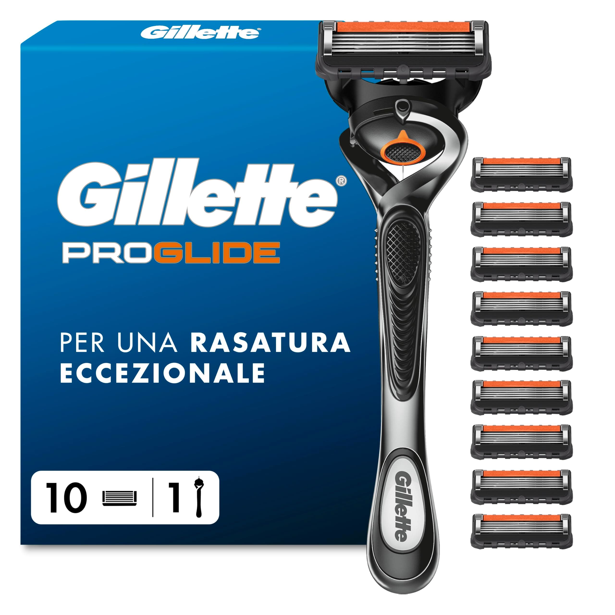 Gillette Proglide 1 Rasoio Barba Manuale, 10 Lamette di Ricambio, per una Rasatura Profonda, con Doppia Lubrificazione Prima e Dopo le Lame, Lama Barba Uomo