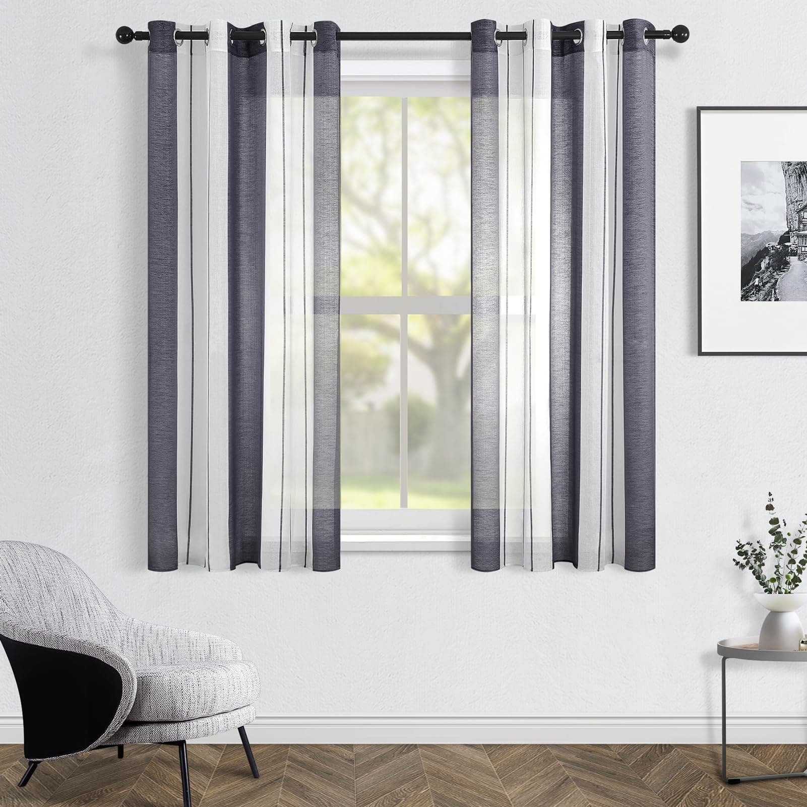 Topfinel Cortinas Dormitorio Cortina Corta Para Ventana 140x160cm Rayas Semitranslúcidas Blanco+Gris 2 Piezas Cortina Visillos Con Ojales De Barra Para La Habitacion De Juvenil Salon Y Comerdor