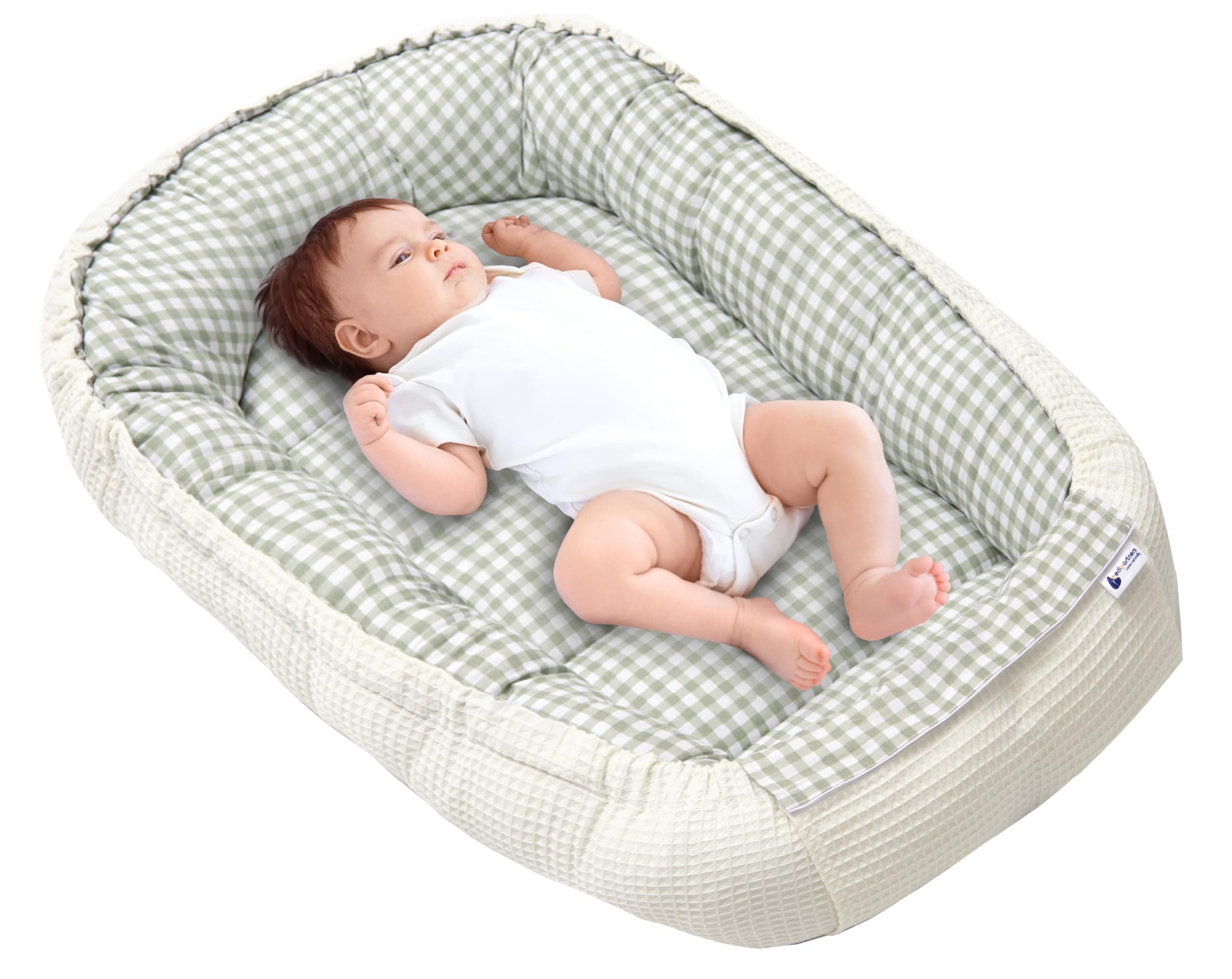 Medi Partners Nido Bebe Recien Nacido Reductor de Cuna - 100x60x15 Portátil o de Viaje de Colecho anticolicos Bilateral Bebés 100% Algodón Gofre (Cuadros con Oliva Gofre)