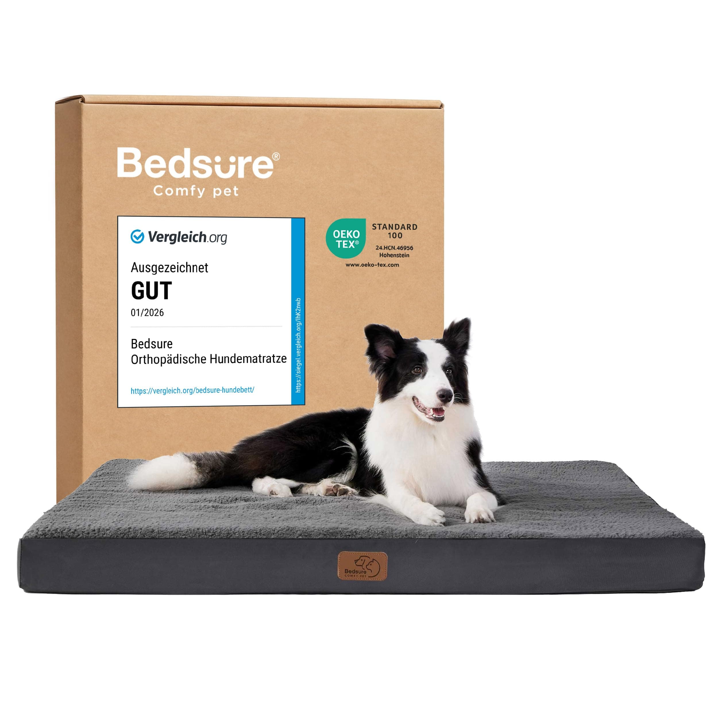 BEDSURE orthopädisches Hundebett Grosse Hunde - 112x81x7.6cm Hundekissen waschbar Hundematte mit abnehmbarem Plüsch-Sherpa-Bezug Hundematratze Rutschfester Unterseite in dunkelgrau für große Hunde