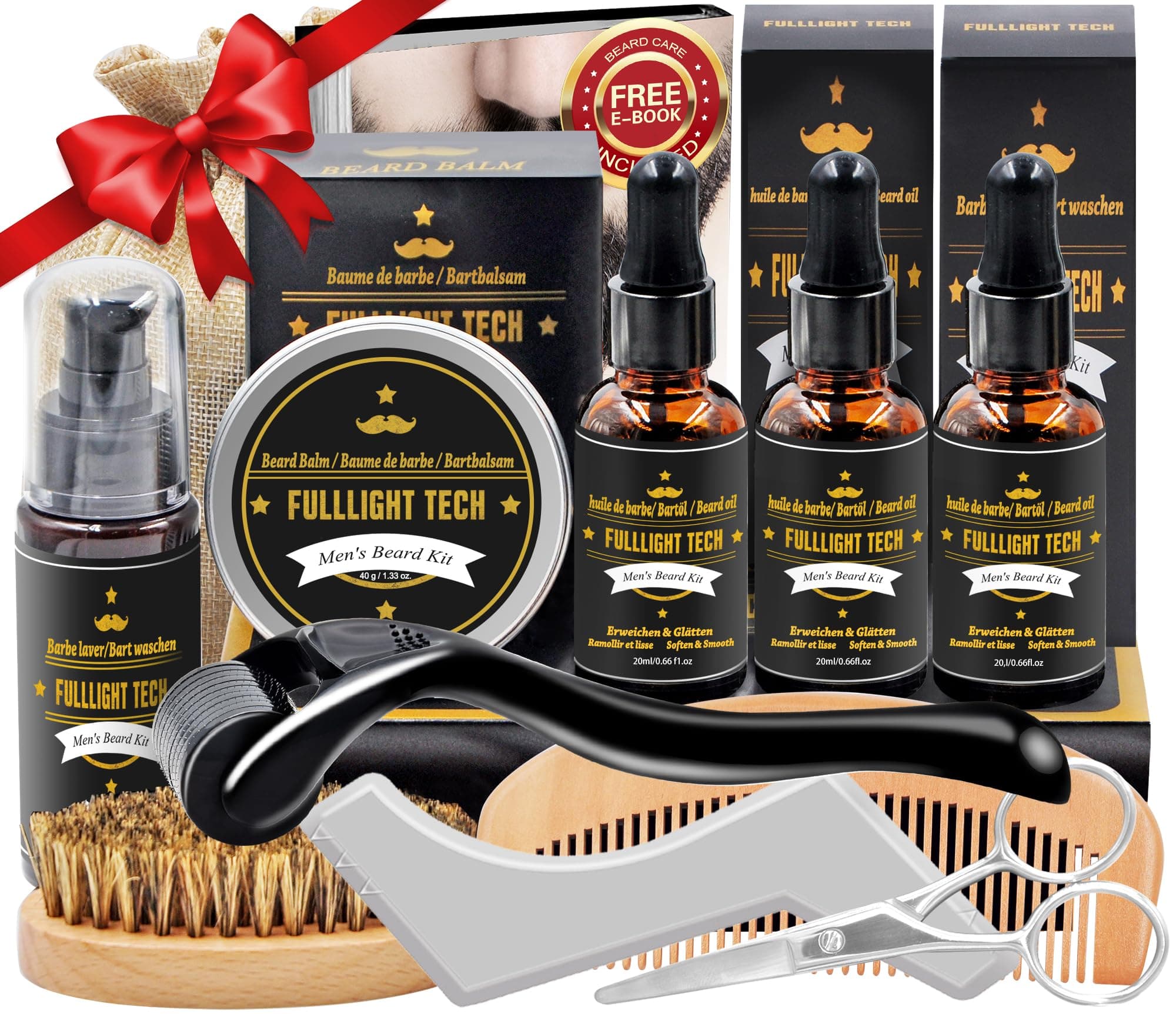 Cadeau Noel Homme,Kit De Coffret Soin Barbe Homme Complet Produit avec Shampoing,Huile Barbe,Peigne,Brosse,Ciseaux,Baume a Barbe,Kit Entretien et Soin pour Homme Original,Idée Cadeau pour son Copain