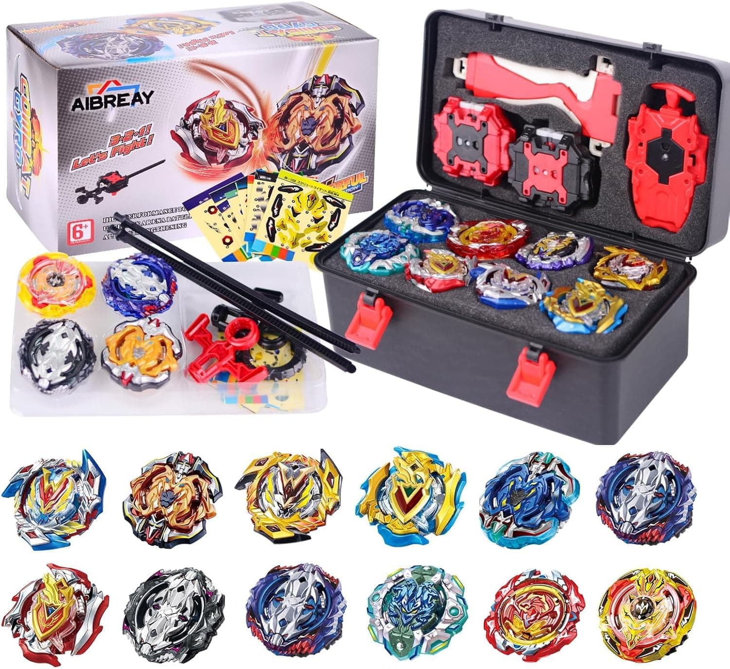 AIBREAY Peonzas Batalla con Lanzador Set, Ideal para Niños 6+ Años | Pack de 12 Gyros Burst, 3 Lanzadores y 1 Mango, Juguetes de Combate con Caja Portátil y Accesorios