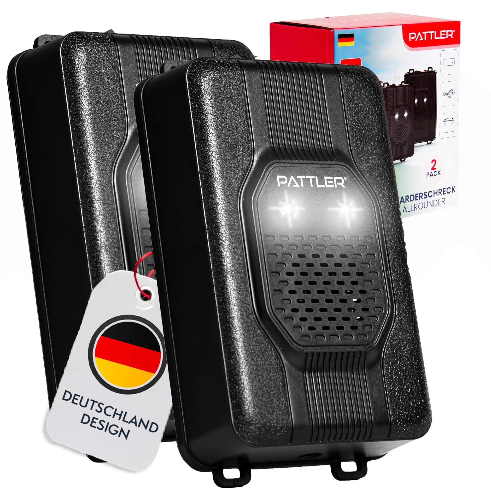 PATTLER® Anti Rongeur avec lumière | Repulsif Ultrason Anti Loir et Anti Martre | Anti Martre Voiture avec Alimentation par Batterie de Voiture 12V, Piles AA ou USB | Anti Rongeur Voiture | 2 Unité