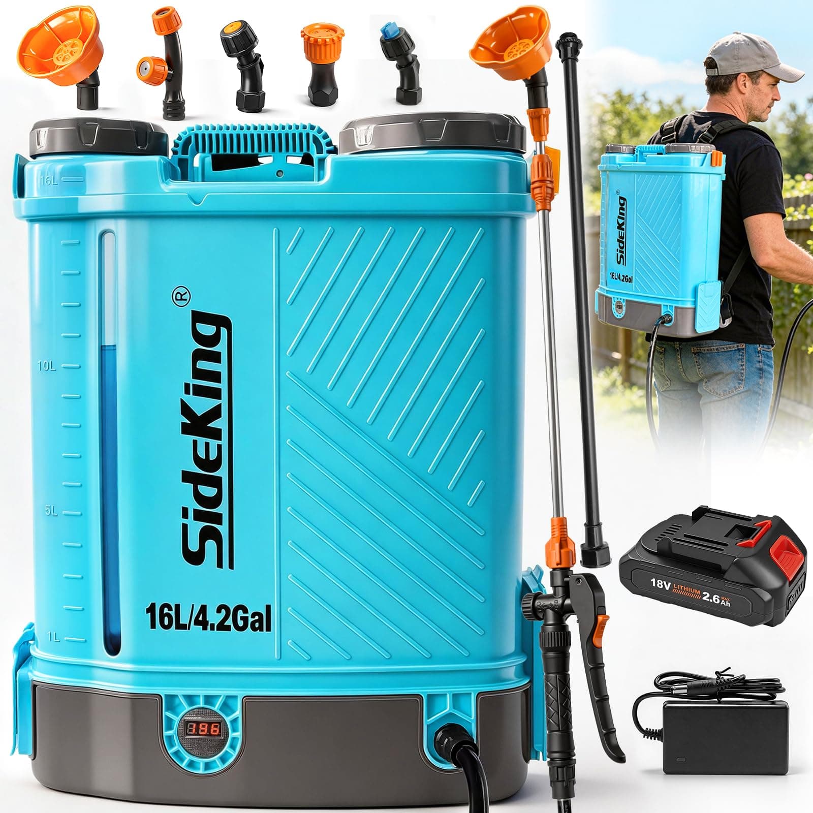 SideKing Pulvérisateur à Dos 16L, Pulvérisateur Électrique Compatible avec Makita 18V, Pression Réglable 7 Bar, Lance Télescopique, Soutien Lombaire, Pulvérisateur de Jardin pour Toiture & Terrasse