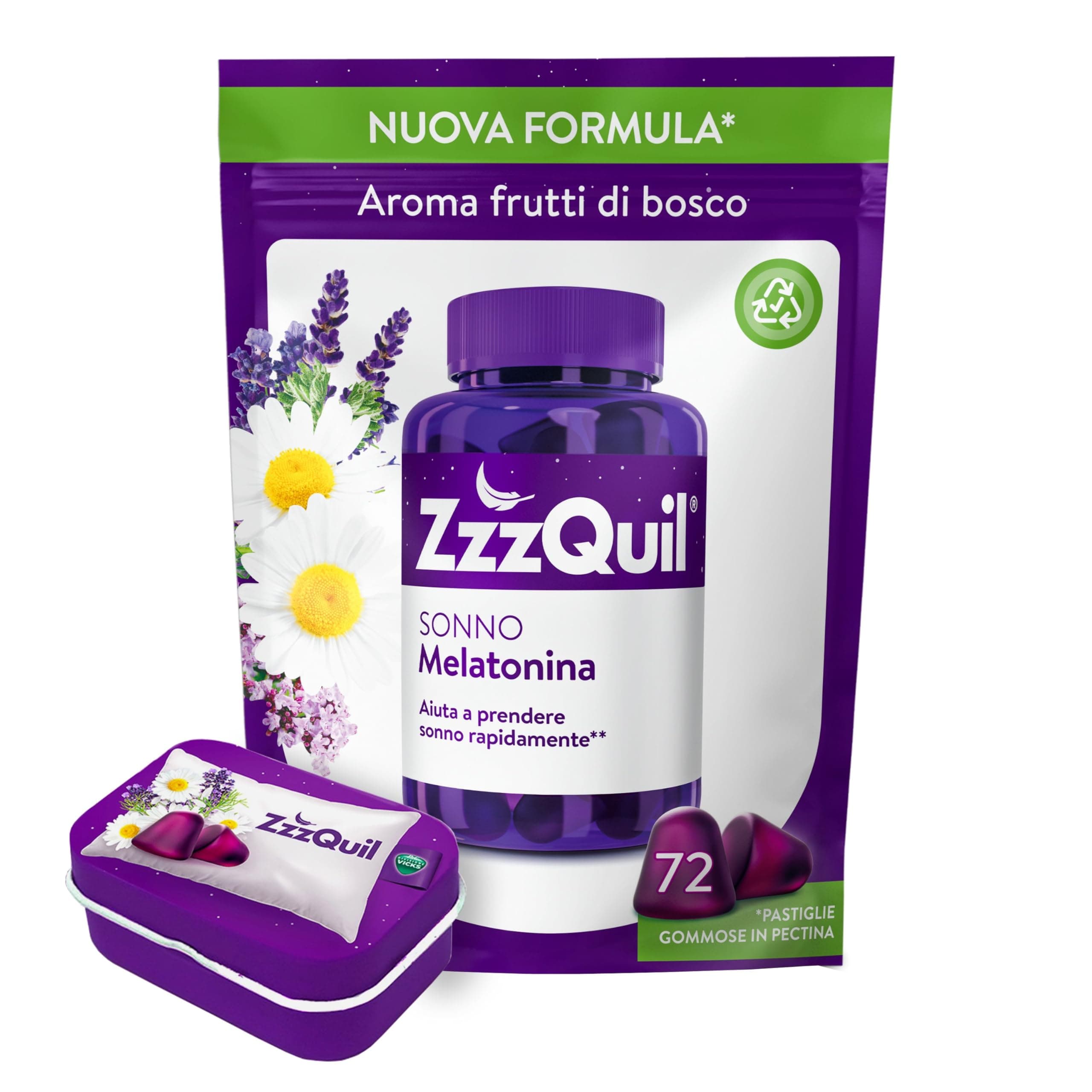 ZzzQuil Sonno Formula Vegana Integratore per Dormire con Melatonina ed Estratti Di Valeriana, Camomilla e Vitamina B6, Addormentarsi Velocemente, 72 Pastiglie Gommose, Gusto Frutti di Bosco