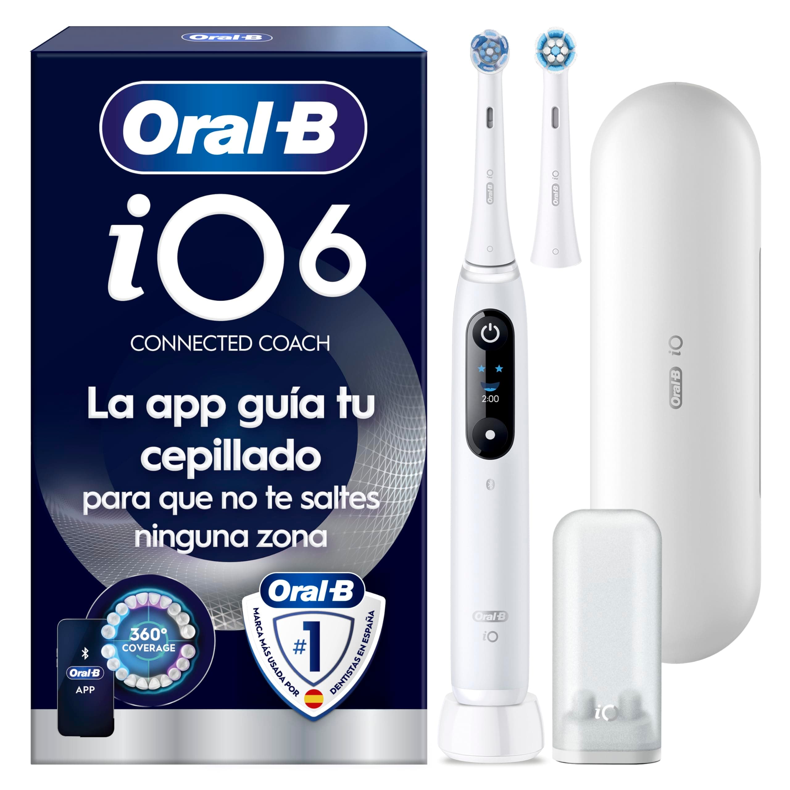 Oral-B iO 6N Cepillo de Dientes Eléctrico con 2 Cabezales, Blanco - Cepillo Dental con Sensor de Presión, 5 Modos de Cepillado con Blanqueamiento Dental, Visor Interactivo Y Estuche de Viaje