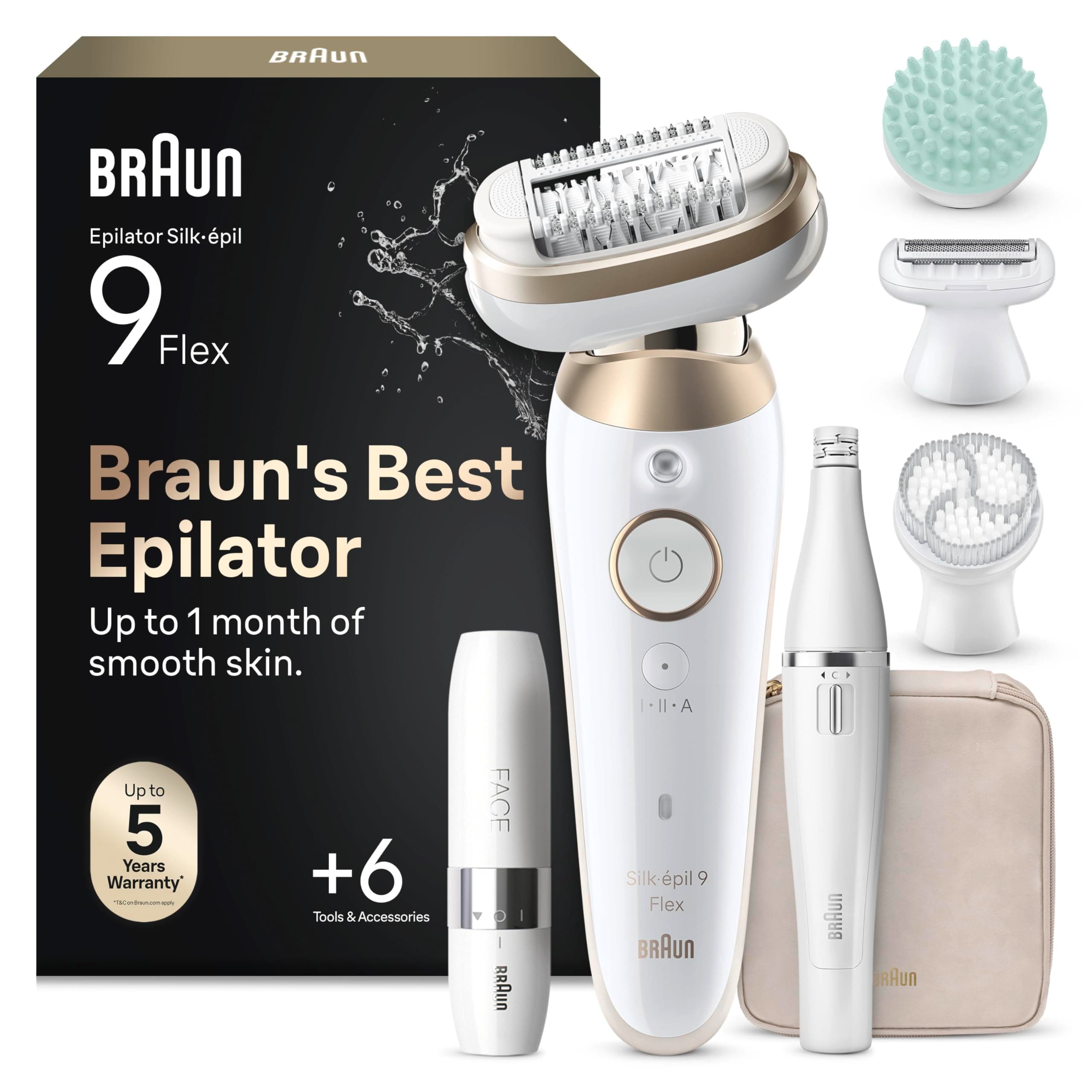 Braun Epilateur Electrique Femme Silk Epil 9, 9-681 3D FaceSpa, Blanc et Or – Etanche, Tête Flexible à 360°, Coffret Epilation Tout-en-Un, Mini Rasoir Visage, Brosse Exfoliante, Sabot Tondeuse