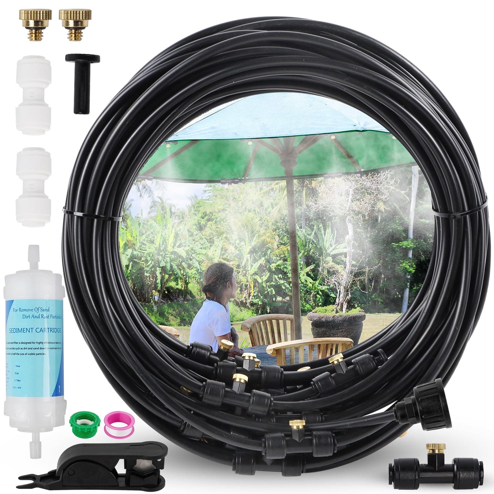 Tesmotor 8M Kit Nebulizador Terraza Jardín, DIY Enfriamiento Nebulizadores con 10 Boquillade latón y un Filtro, Sistema de Nebulización Automática para Jardín Terraza Invernadero