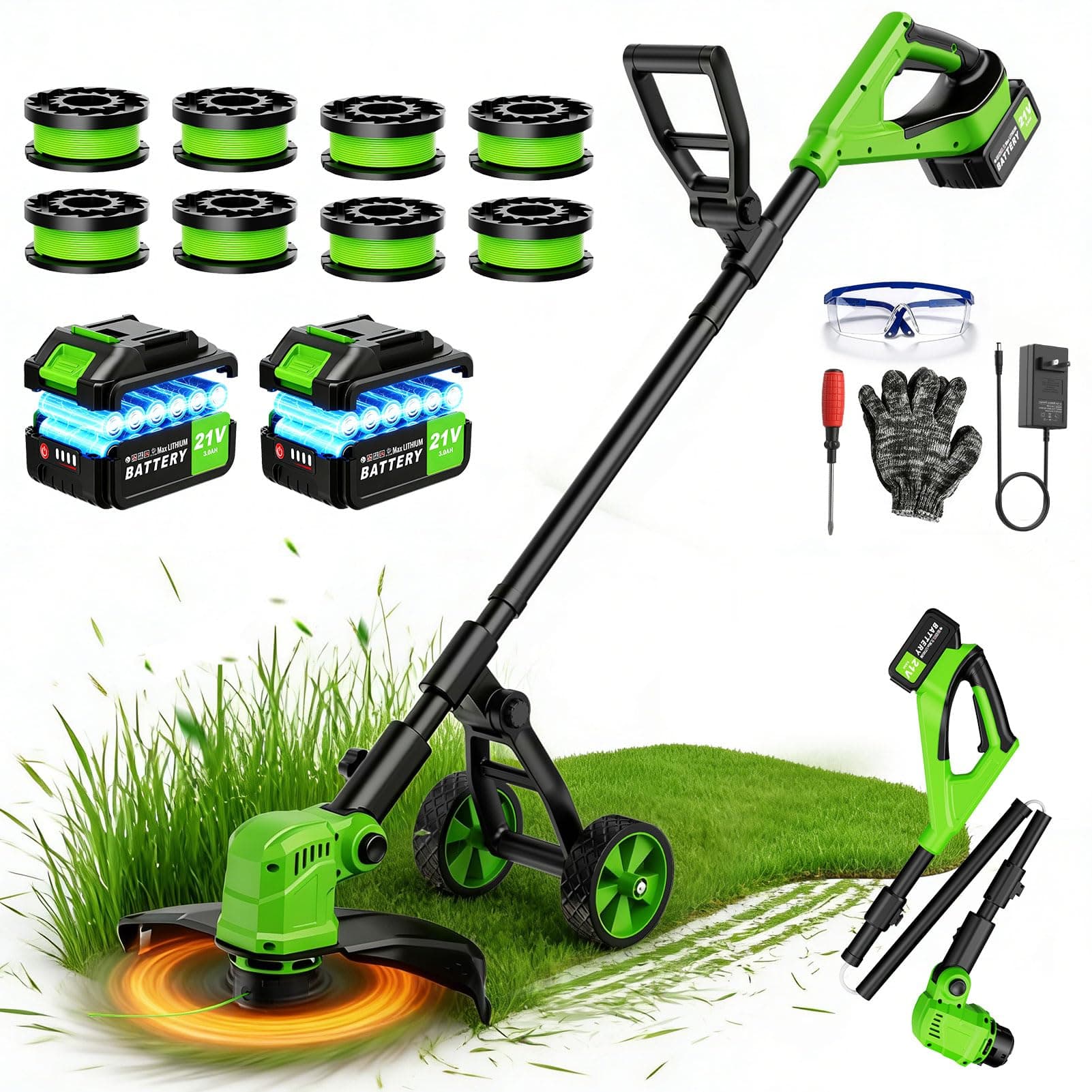Desbrozadora Bateria con Ruedas, 21V Desbrozadora Electrica con 2 * 3.0 Ah Baterías,800W Motor sin Escobillas,Ancho de Corte 36CM,Cortadora de Césped con 8 Bobinas de Repuesto para Jardín y Césped