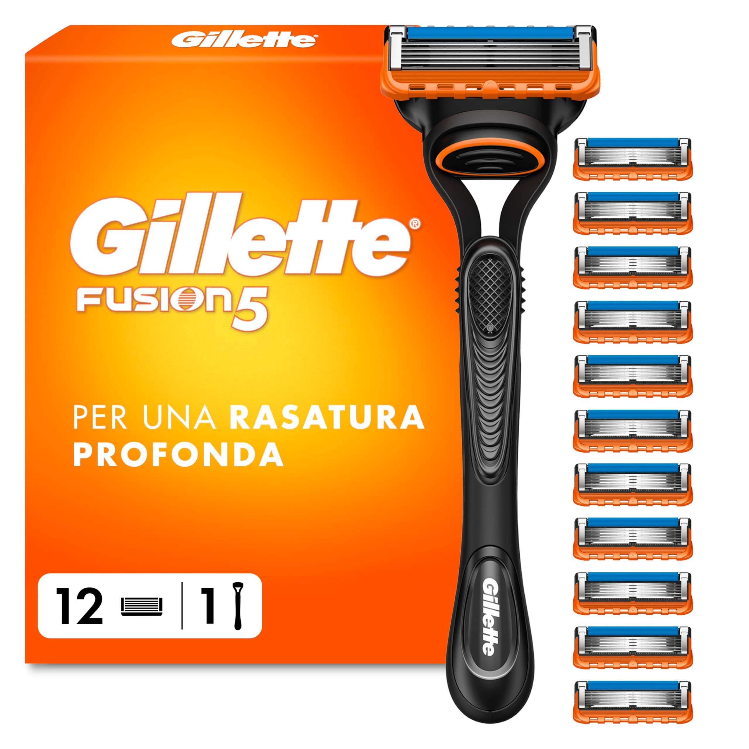 Gillette Fusion5 Rasoio Barba, 1 Rasoio Gillette + 12 Lametta di Ricambio, con Striscia Lubrificante per una Morbida Scorrevolezza e 5 Lame per una Rasatura Profonda e Duratura