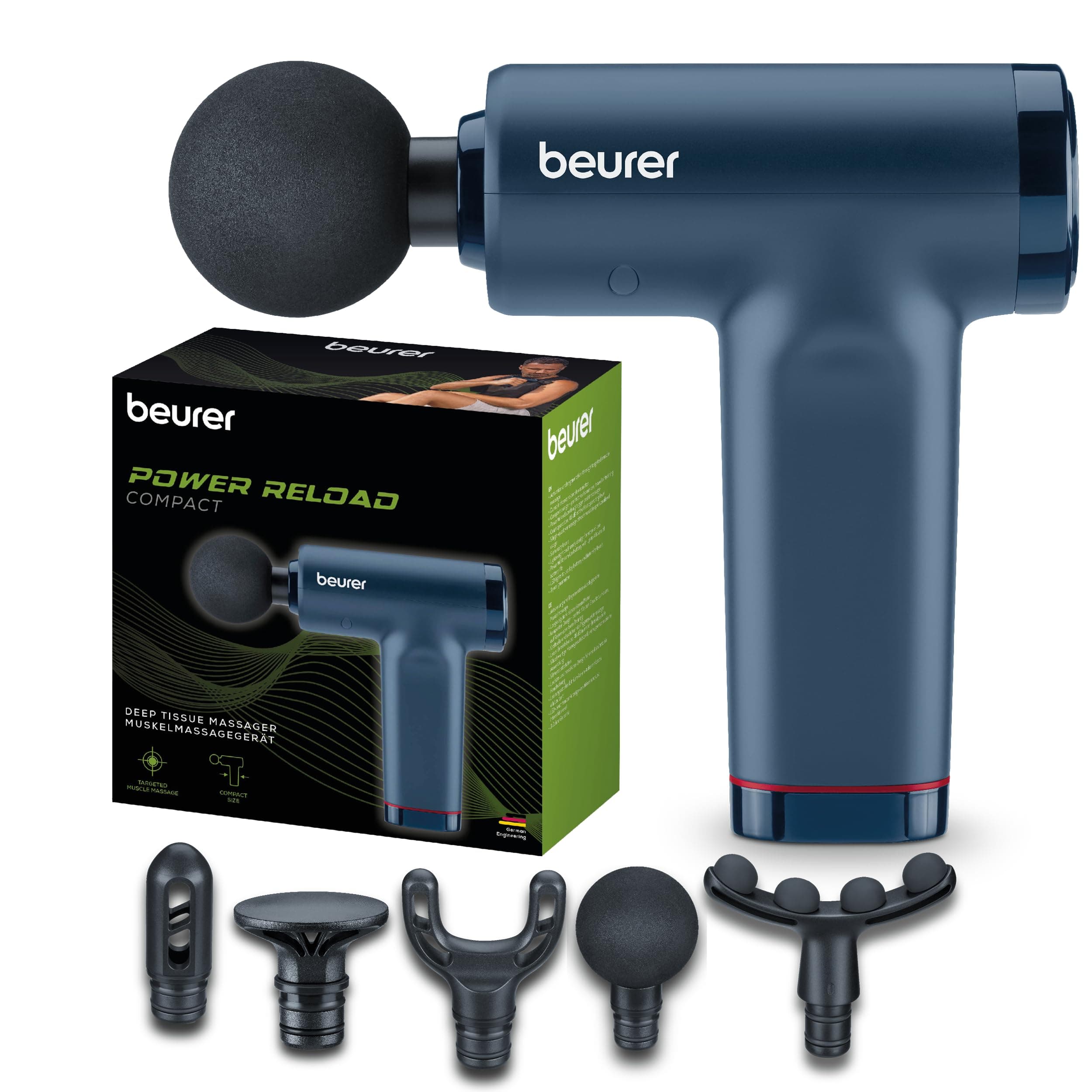 Beurer PowerReload Pistolet de massage, massage des points de déclenchement pour régénération, appareil de massage musculaire puissant avec 5 embouts, 5 niveaux d’intensité, extrêmement silencieux