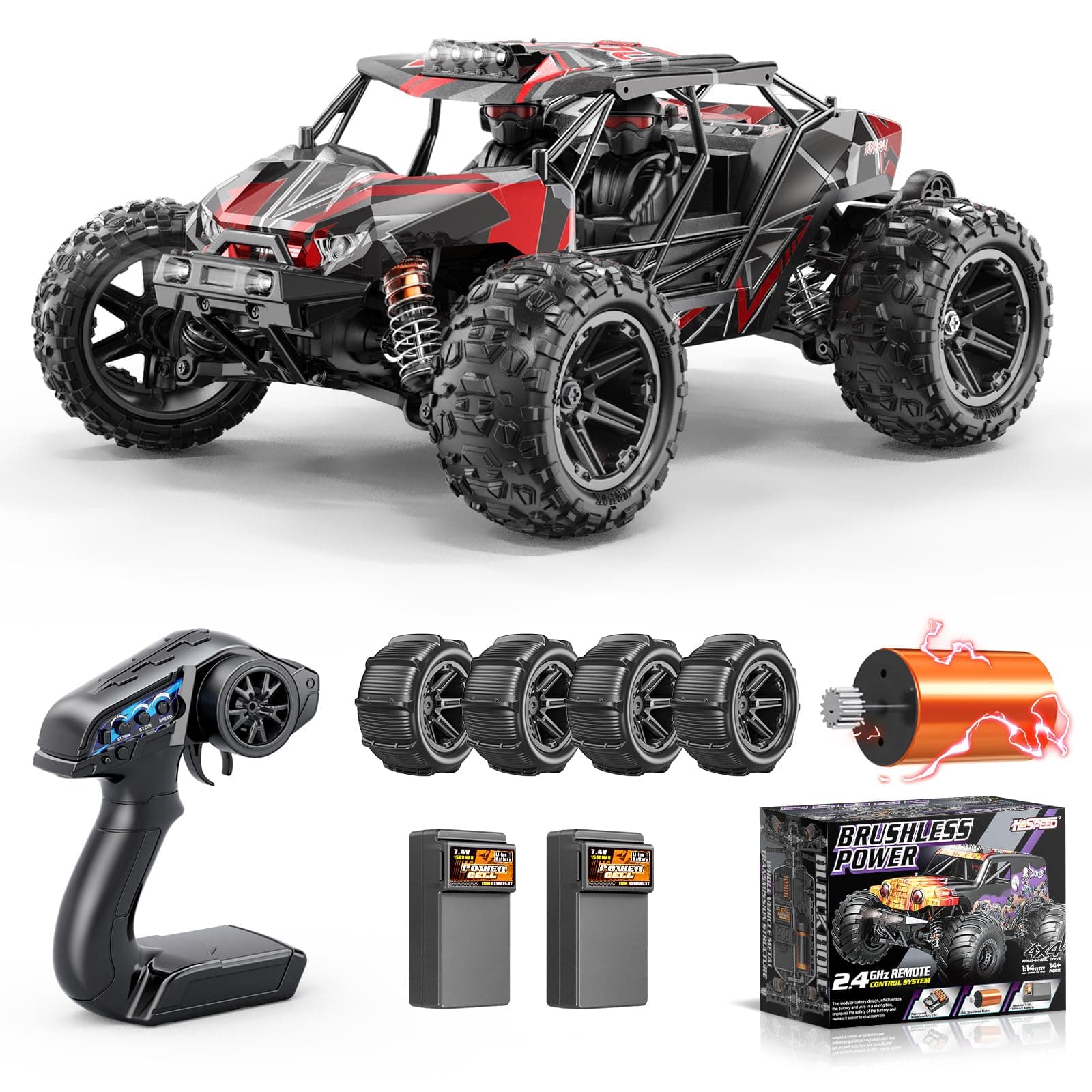 Womaqu Voiture Télécommandée Adulte Brushless 1:14, RC Car 4x4 68 km/h avec Roll Cage et Châssis Renforcé, 2 Batteries LiPo 2S, Double Jeu de Pneus, Voiture Radiocommandée Compatible 3S