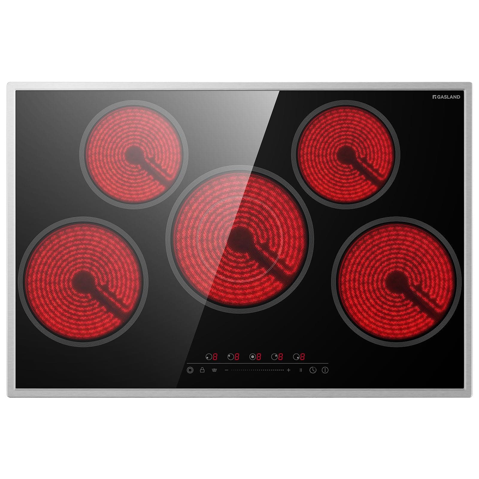 GASLAND CH775BF20B Plaque Vitrocéramique Autonome, Plaque de Cuisson encastrable de 77 cm avec cadre en acier inoxydable, 5 zones de cuisson, zone de cuisson multiple, commande par glissement, 8200 W