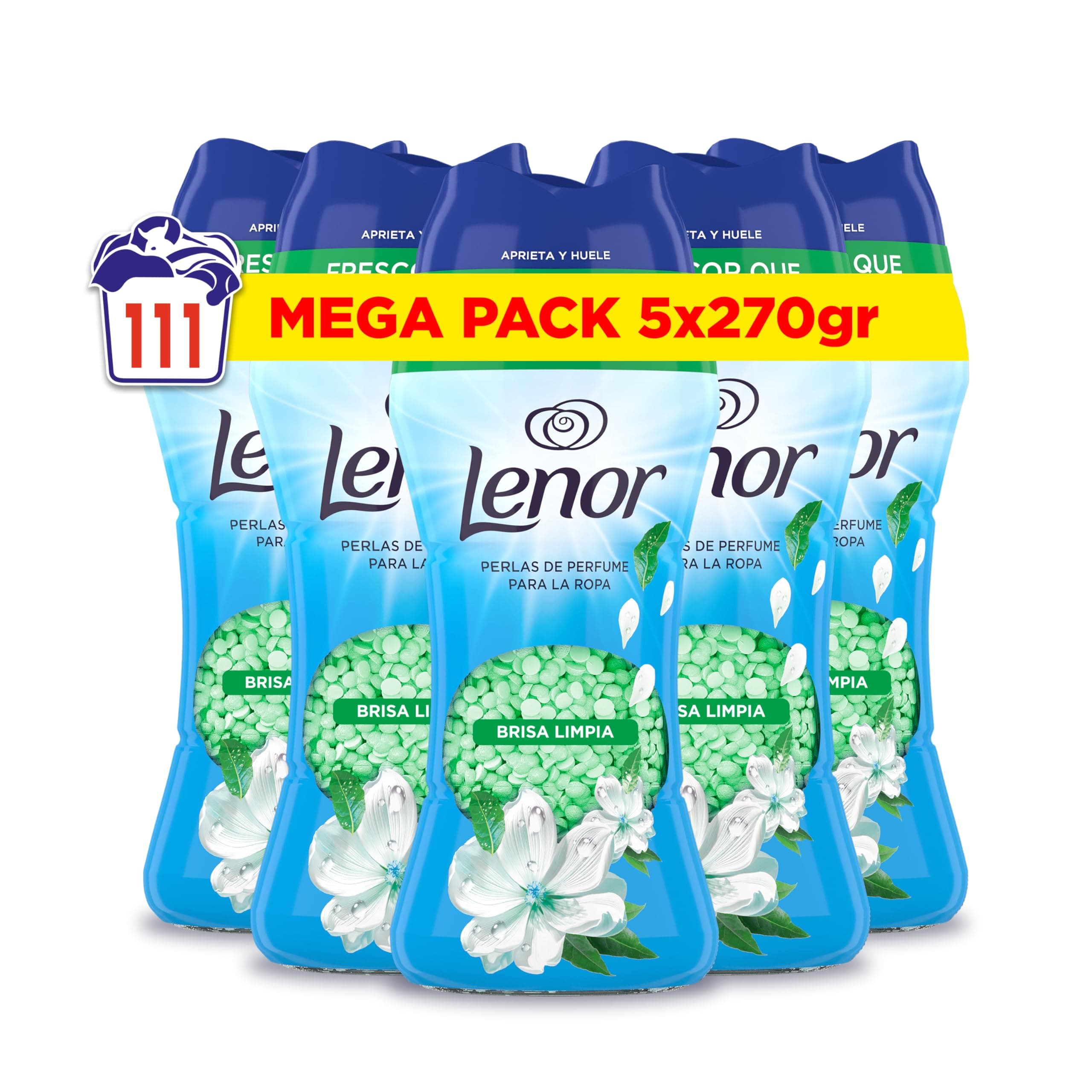 Lenor Perlas De Perfume para la Ropa, 111 Lavados (5 x 270g), Brisa Marina Y Jazmín, Edición Limitada Costa Mediterránea, Frescor Ininterrumpido Hasta 12 Semanas