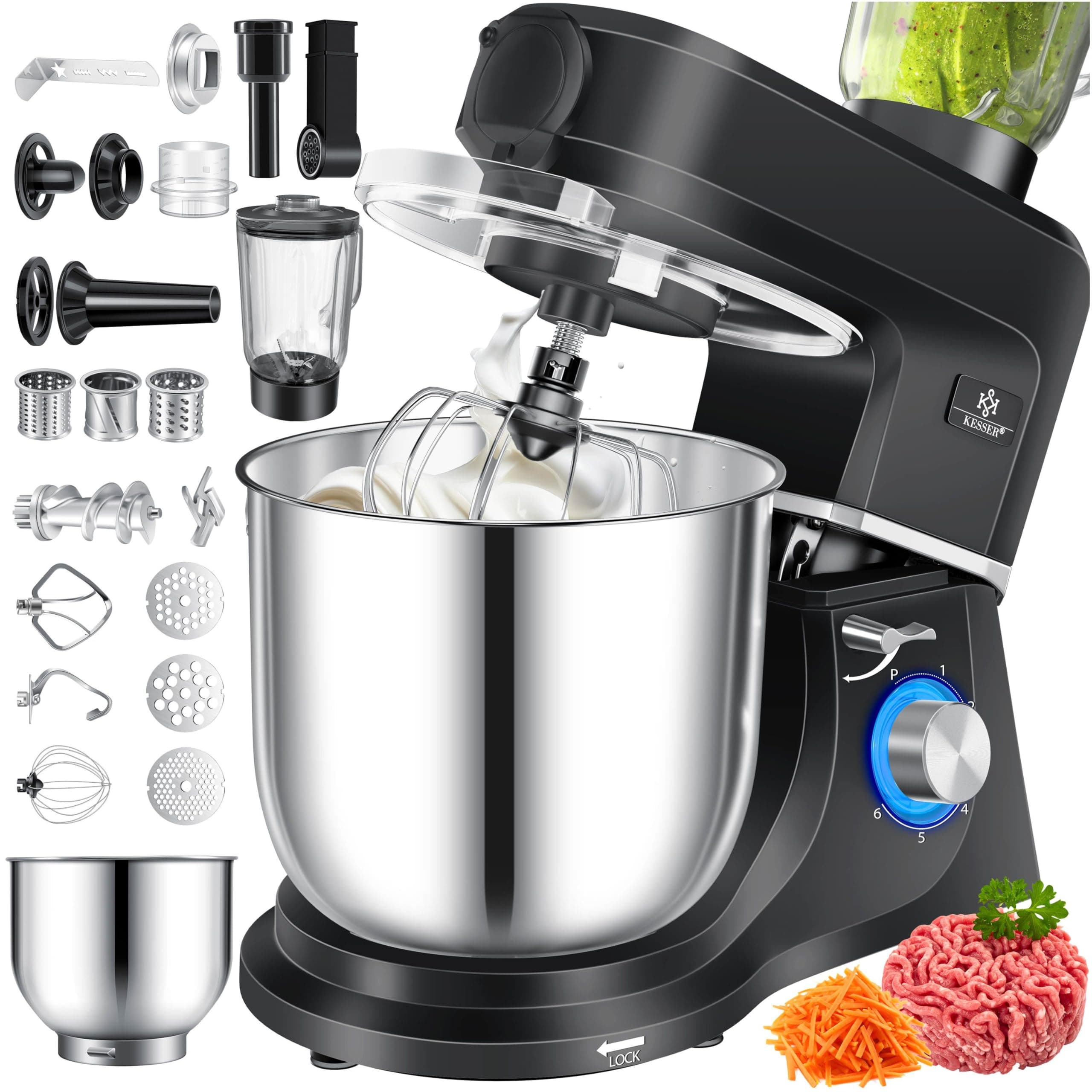 KESSER® Küchenmaschine 3in1 mit Fleischwolf & Mixer, 1500W Knetmaschine 5,5L Rührschüssel + Spritzschutz, 6 Geschwindigkeiten, Knethaken, Schneebesen, Rührhaken & Raspeln, Backen & Kochen, Schwarz