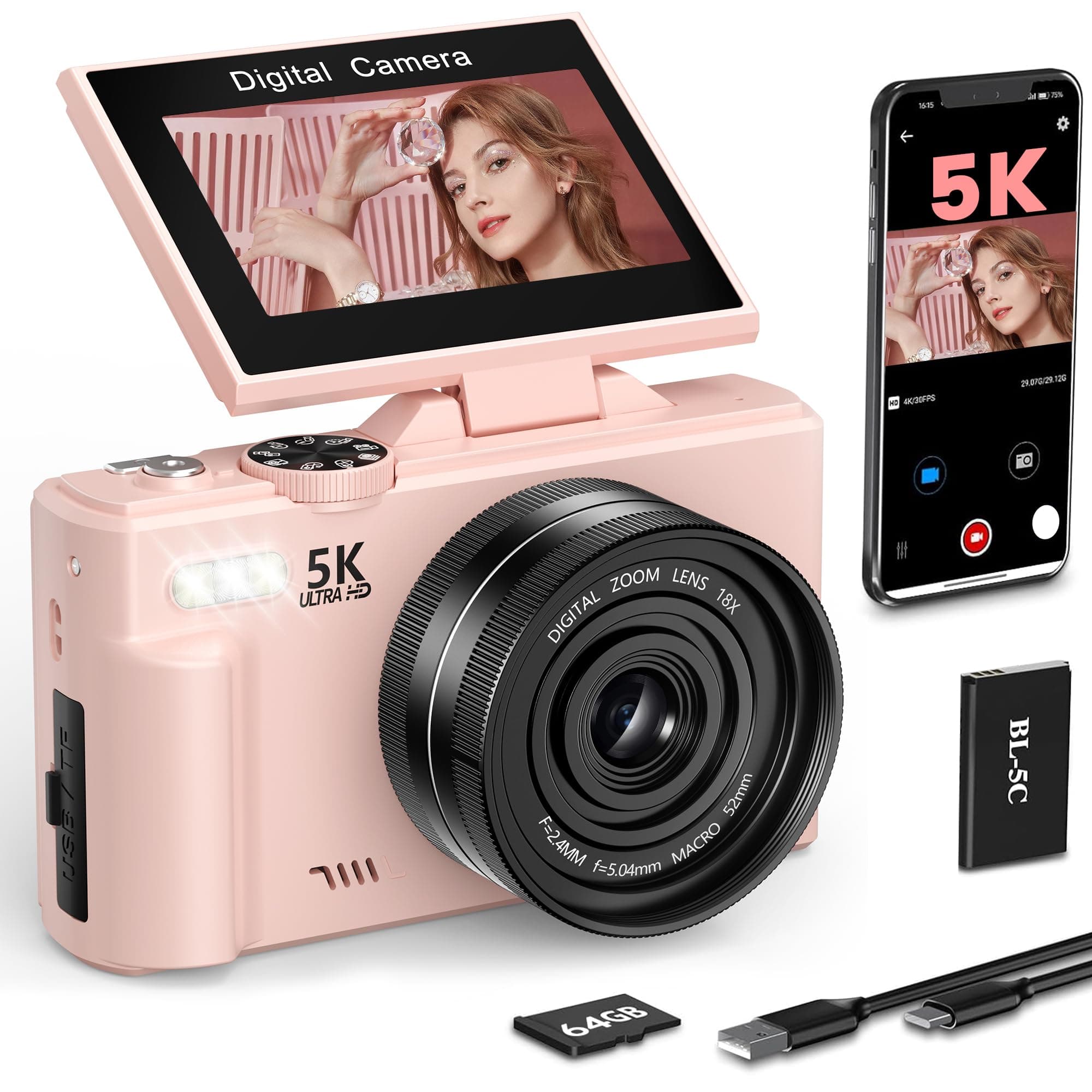 Appareil Photo Numérique 5K 75MP pour Vlogging Caméra Selfie avec Écran Rotatif 180°, 18X Digital Camera Appareil Photo Compact pour Débutants, Youtube, Voyage, Carte SD 64 Go as Gift Rose