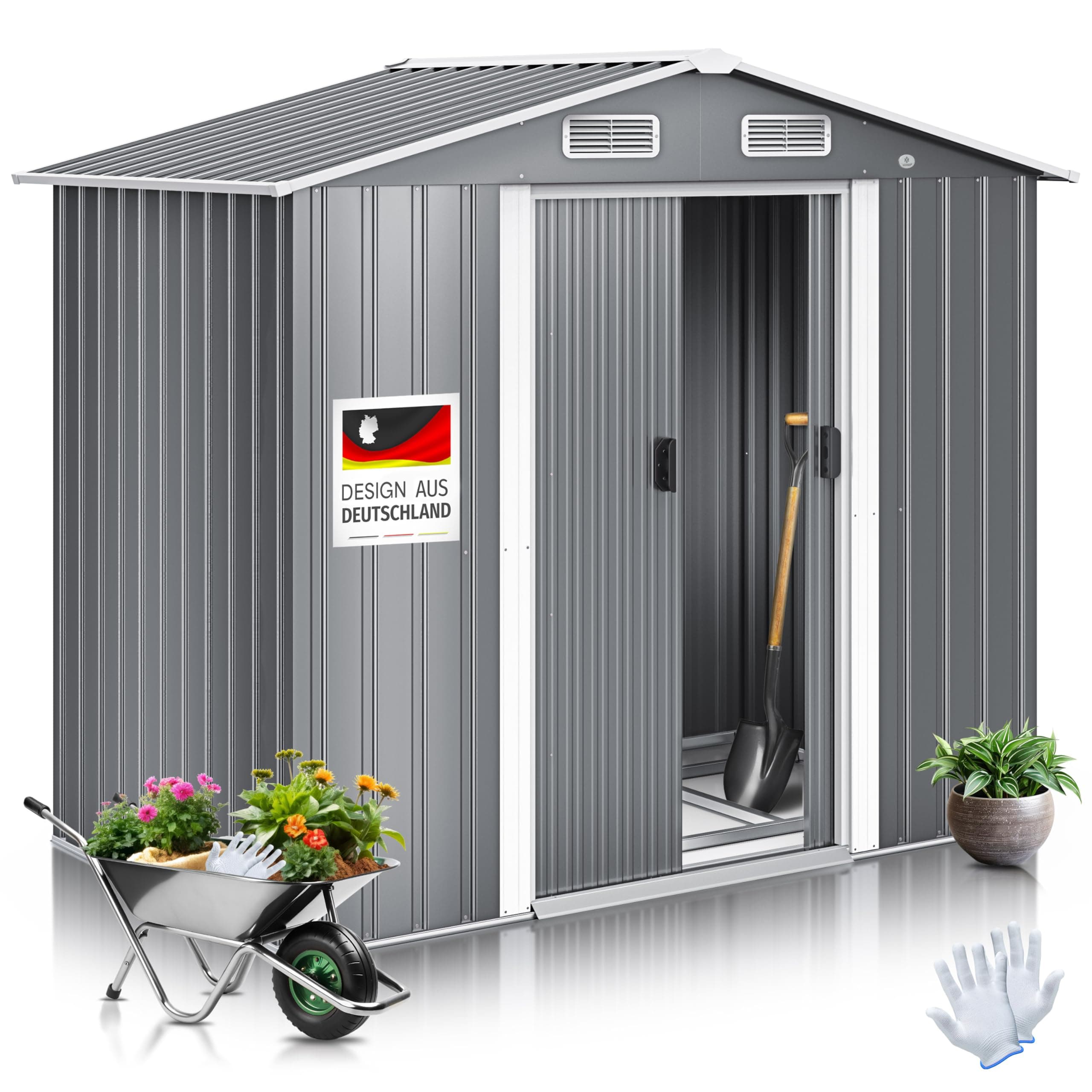KESSER Cobertizo de Jardín XL de Metal 4,2 m³ con Base | con Guantes de Trabajo | 195 x 131 x 186 cm | 2 Puertas Correderas y Bases | Armario | Techo a Dos Aguas