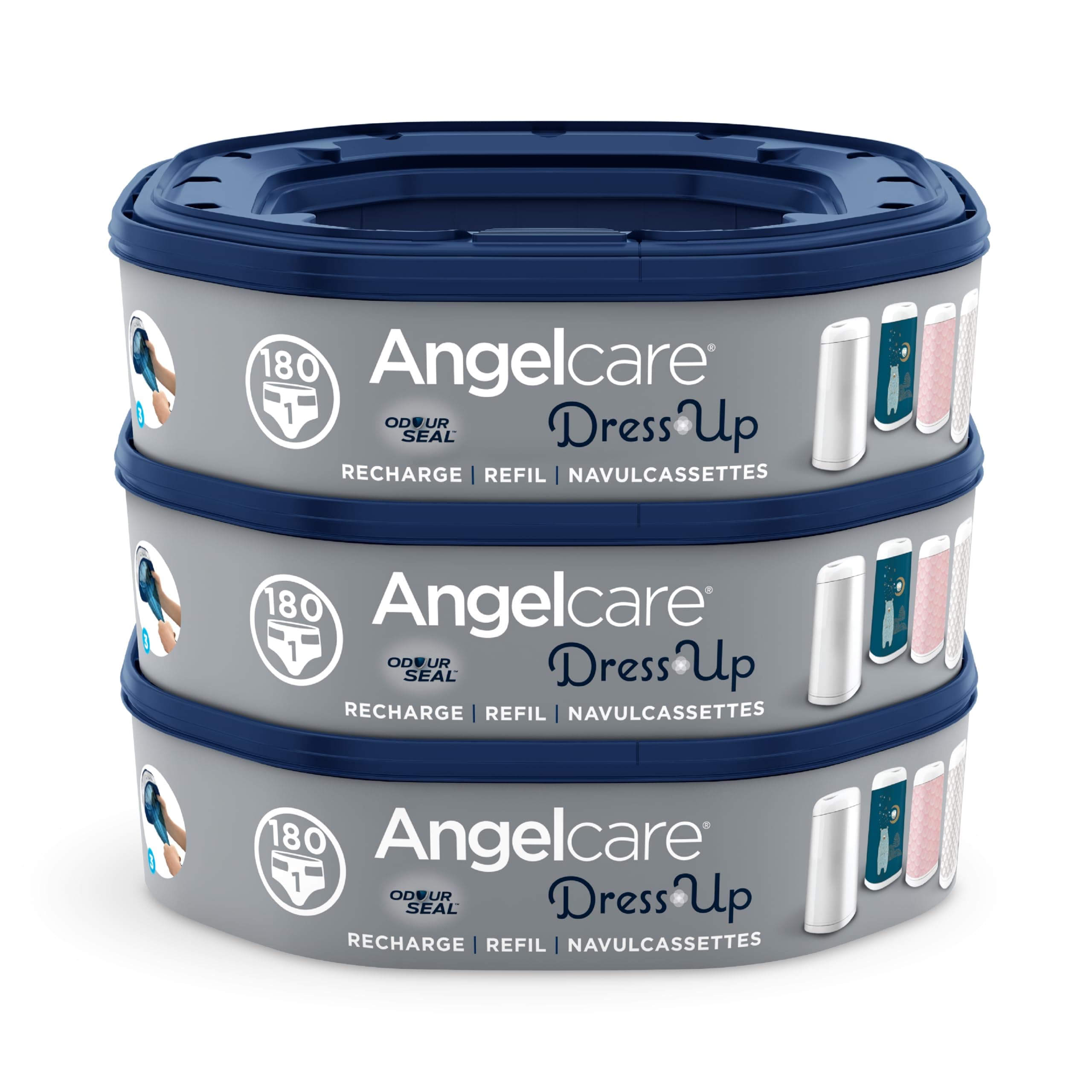 Angelcare - 3 Recharges Poubelle à Couches – Octogonale – Anti Odeur - Dress Up - Fabriqué en France