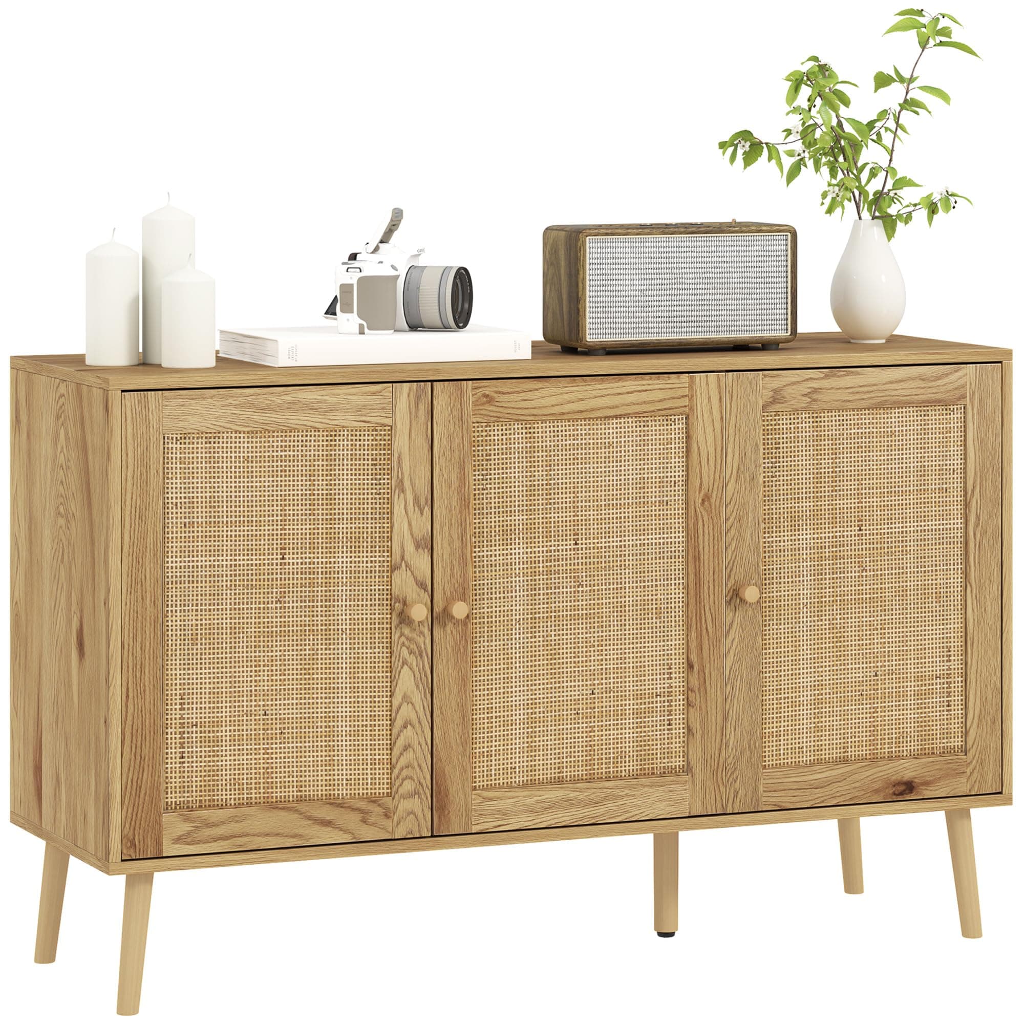 HOMCOM Buffet Salon Meuble de Rangement avec placards à Portes en cannage et étagère réglable, pour Salon, Salle à Manger, dim. 120 x 40 x 75 cm, Bois Naturel