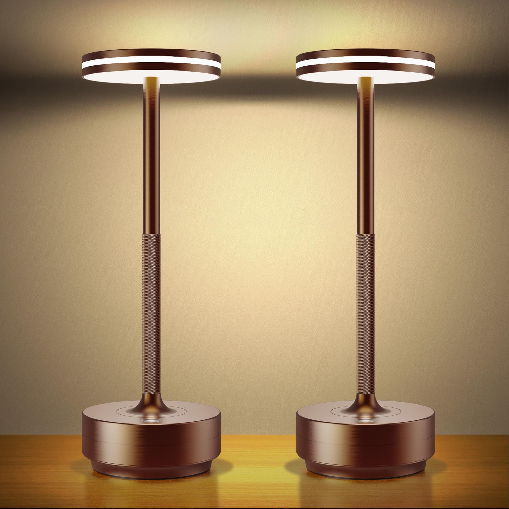 Lampada da Tavolo Ricaricabile LED,2 Pezzi 5000mAh Senza Fili USB,Comodino | Eye-Protect Luce a USB Batteria Dimmerabile,3 Modalità di Colore,Impermeabile,per Interno/Ristorante/Esterno(Marrone)